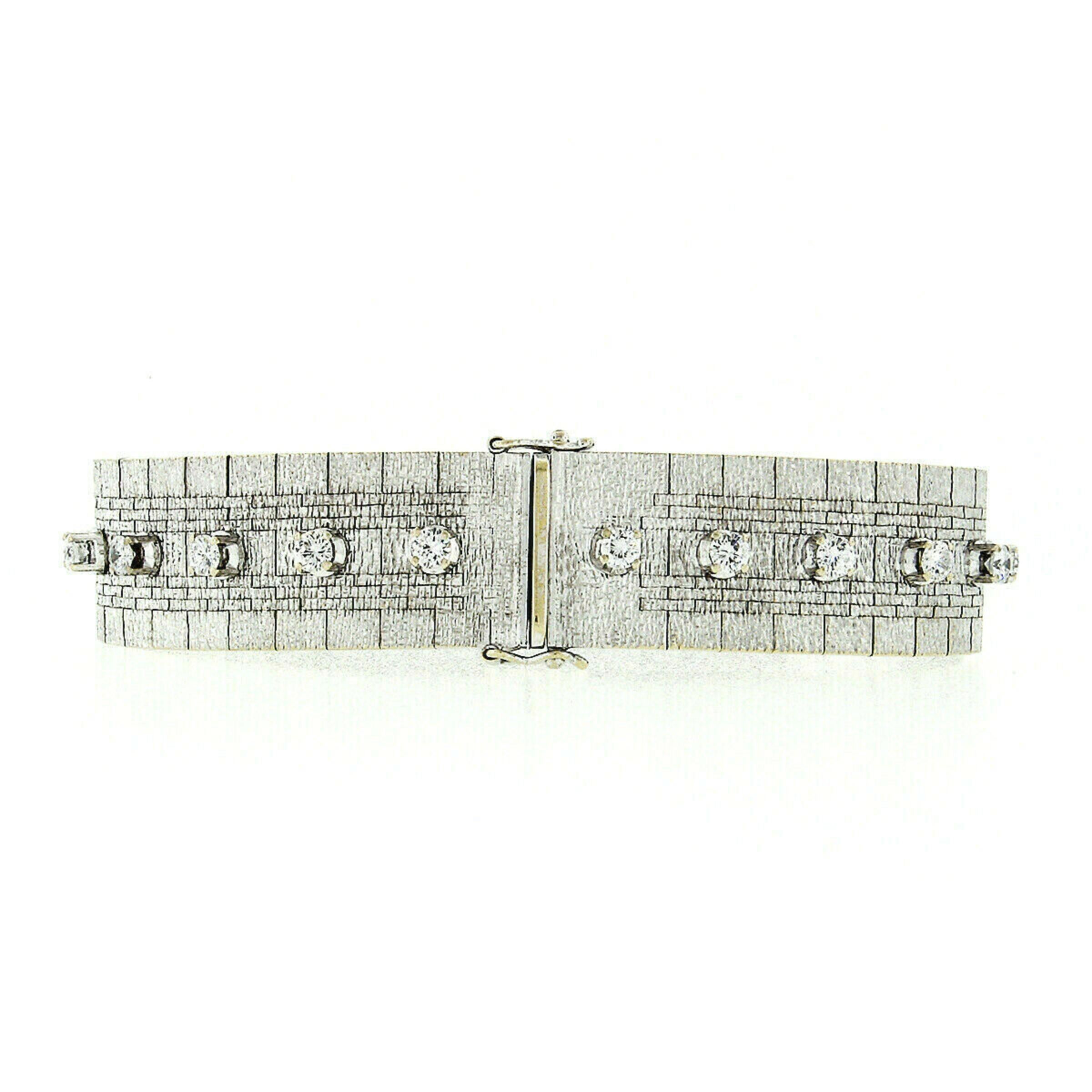 Vintage 18k White Gold 2.40ctw Round Diamond Brick Mesh Link Bracelet For Sale 2