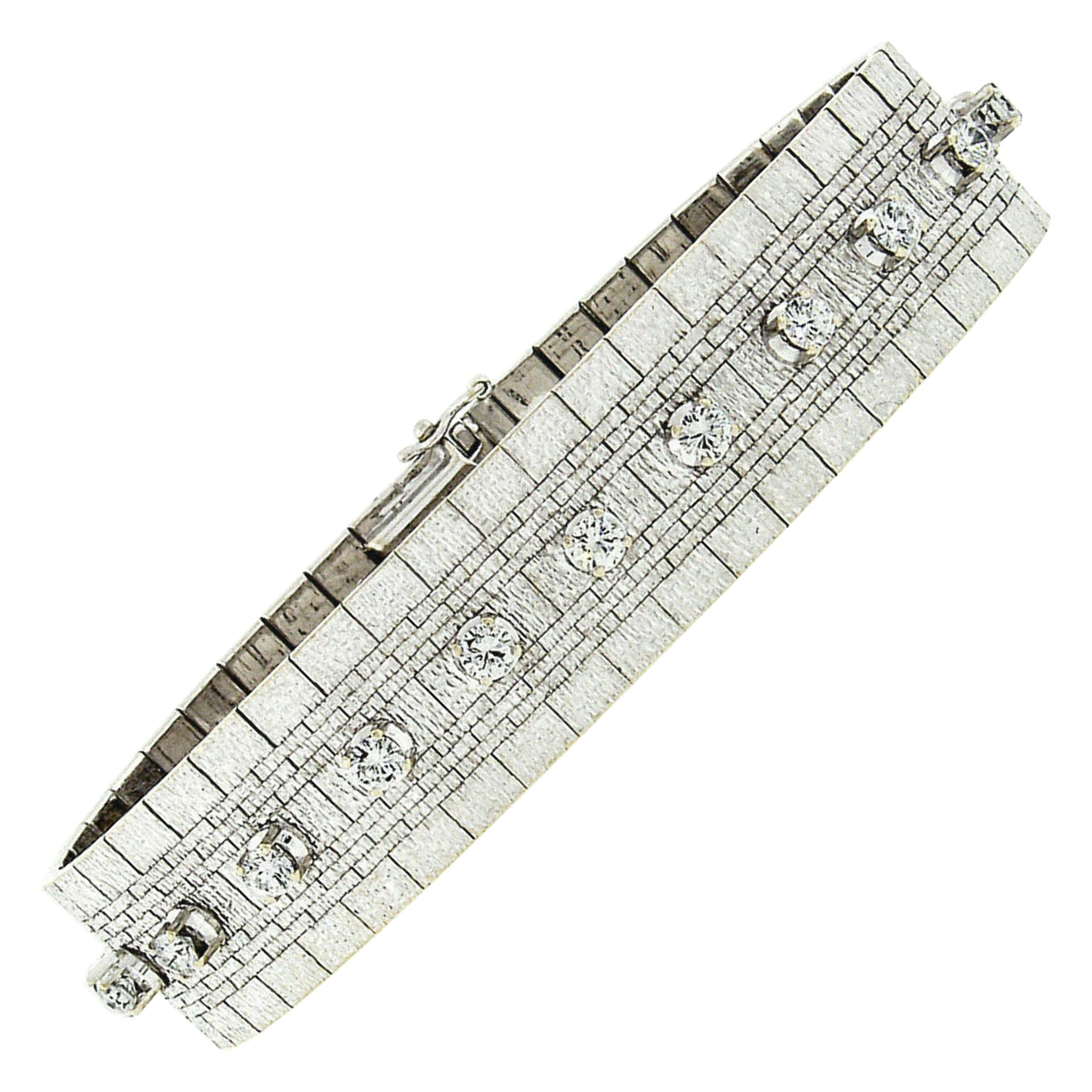 Vintage 18k White Gold 2.40ctw Round Diamond Brick Mesh Link Bracelet For Sale