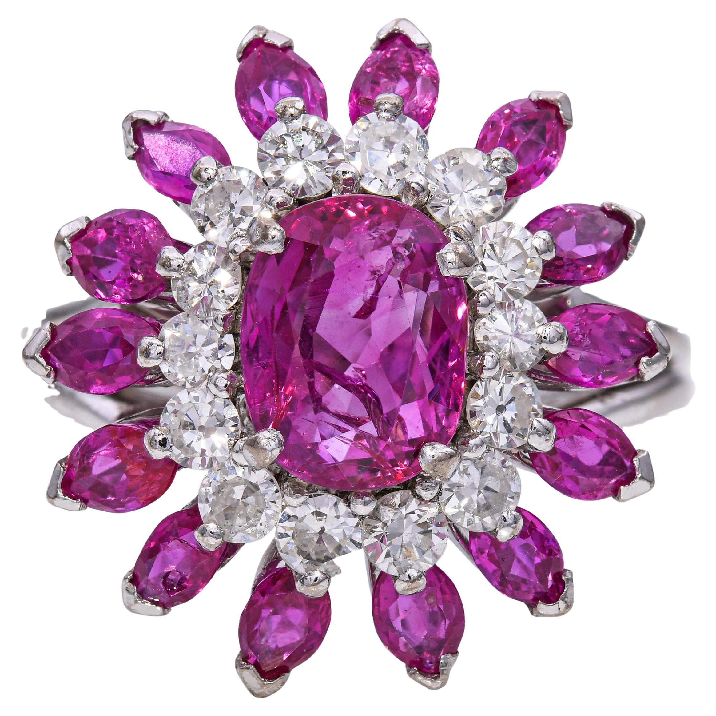 Vintage 18k Weißgold 2,51ct Vivid rötlich-rosa Saphir & Diamant Ring im Angebot