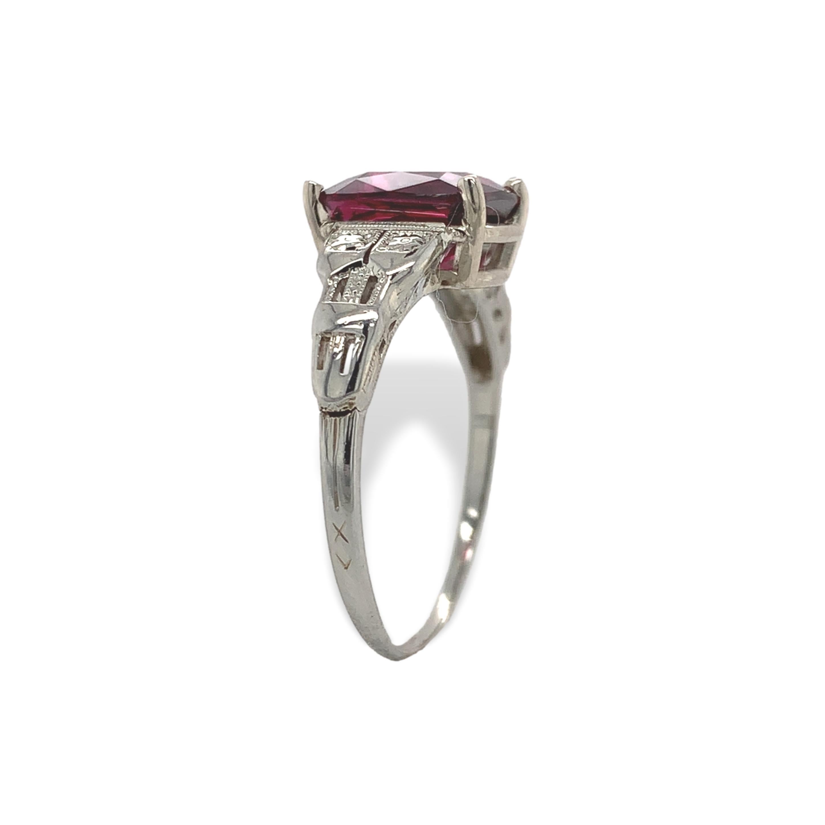 Antique Cushion Cut Vintage 18K White Gold 3.02 carat Garnet Ring size 8.5 For Sale