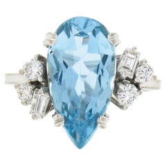 Vintage 18k White Gold 3.13ct GIA Pear Aquamarine Solitaire Diamond Accents Ring