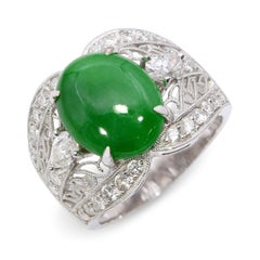 Vintage 18k White Gold 3.50ct Burmese Type A Green Jadeite & Diamond Ring