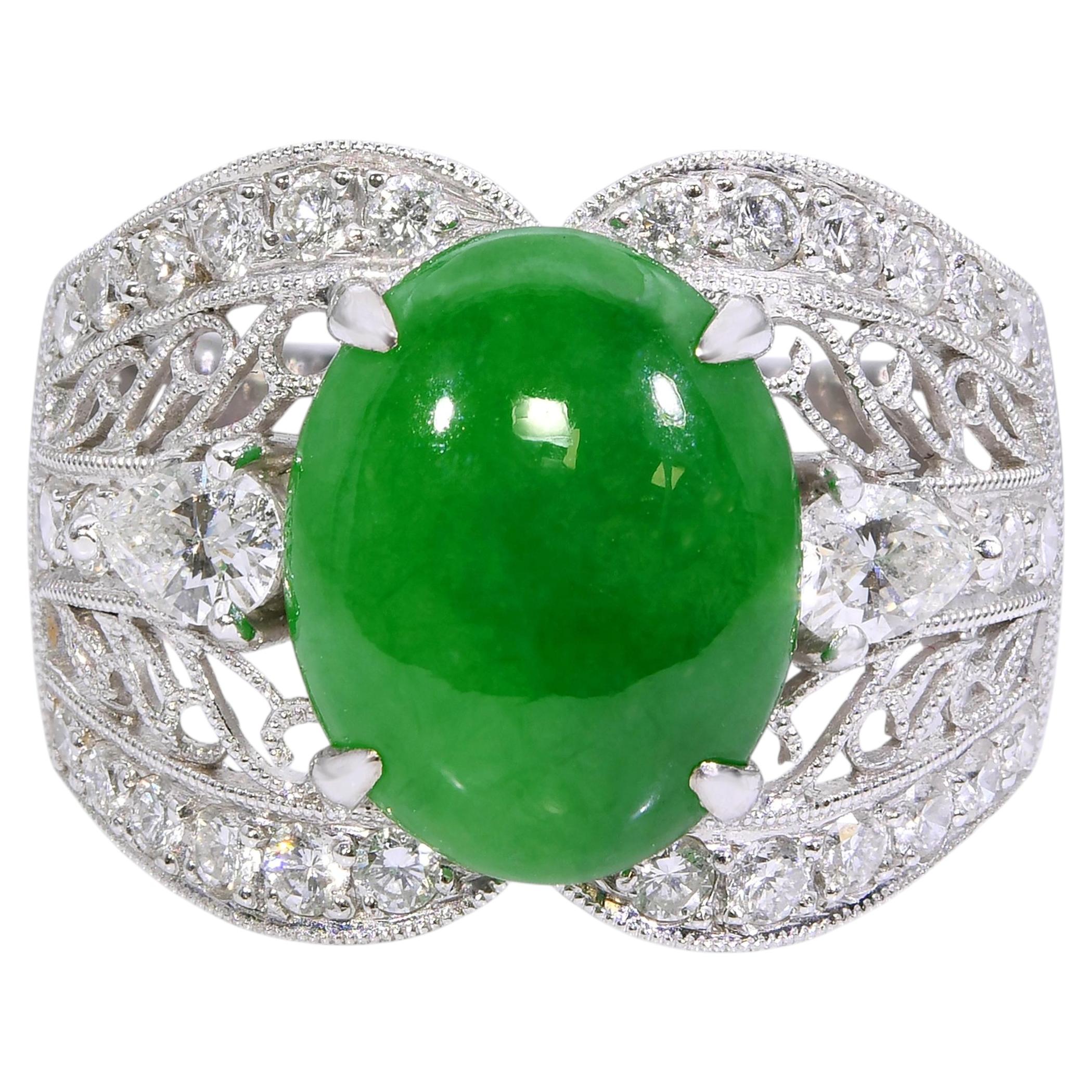 Vintage 18k Weißgold 3.50ct Burmese Typ A Grüner Jadeit & Diamant Ring