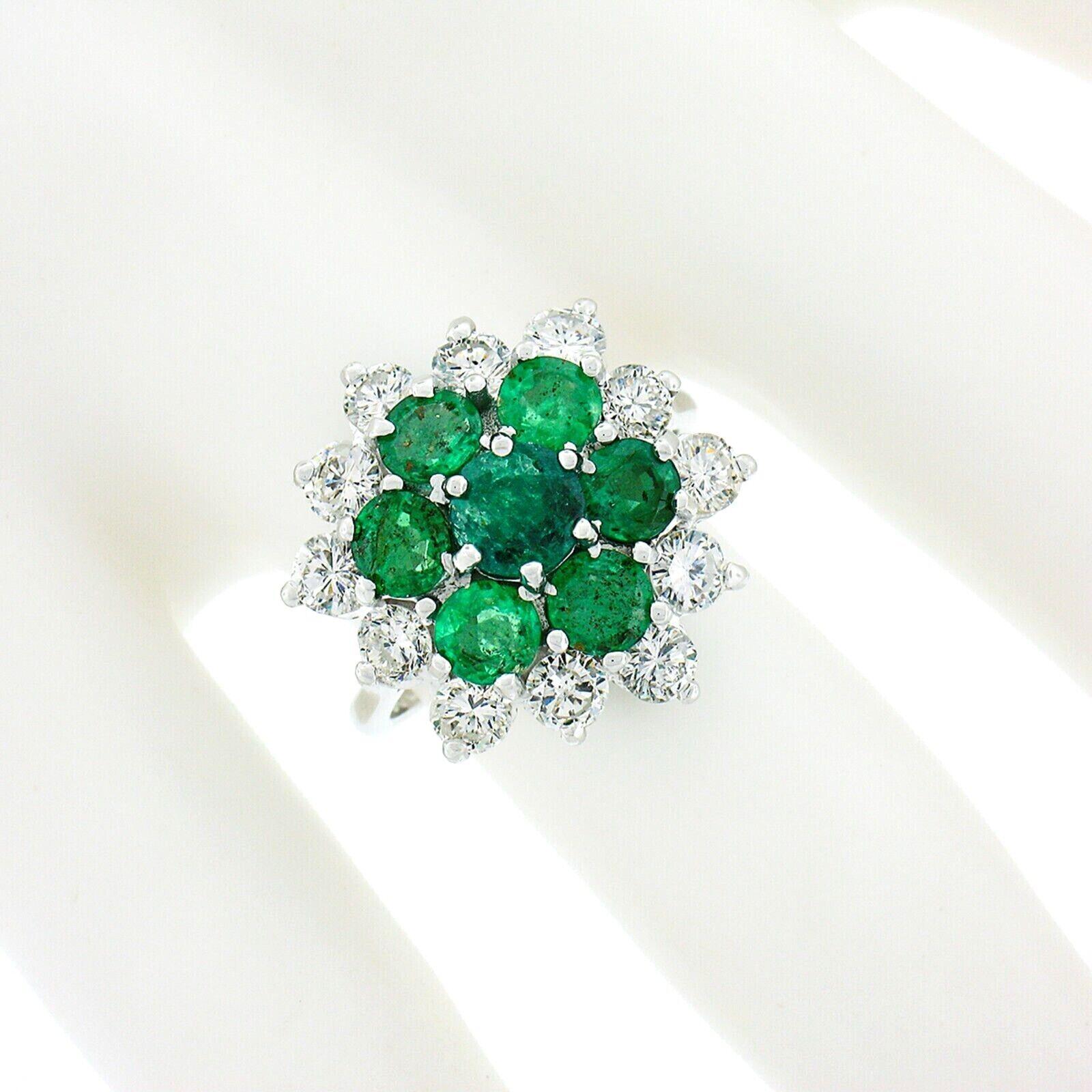 Round Cut Vintage 18k White Gold 3.75ct Round Diamond Emerald Cluster Flower Cocktail Ring For Sale