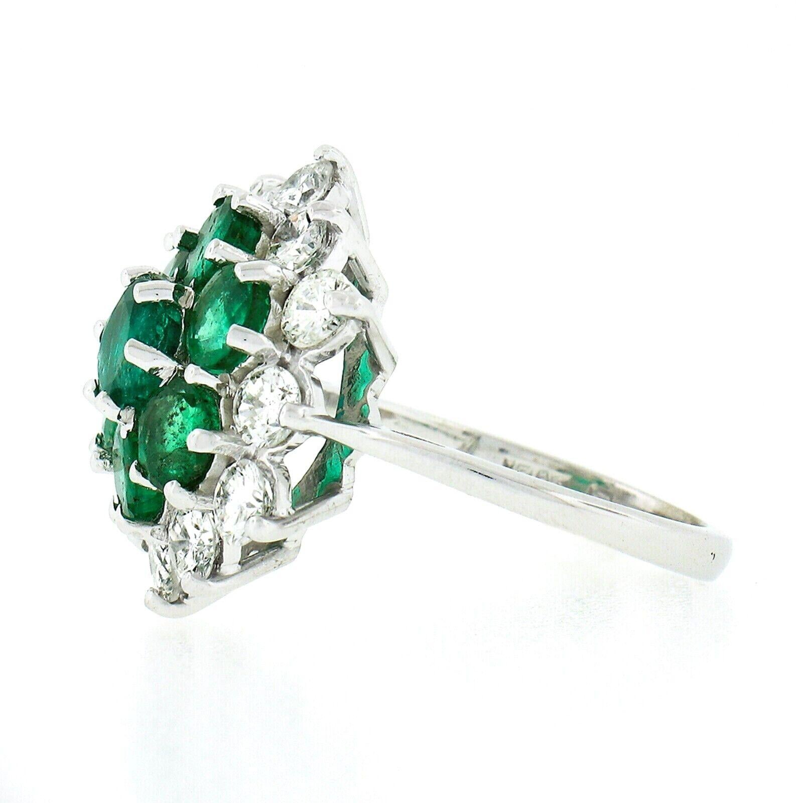 Women's Vintage 18k White Gold 3.75ct Round Diamond Emerald Cluster Flower Cocktail Ring For Sale