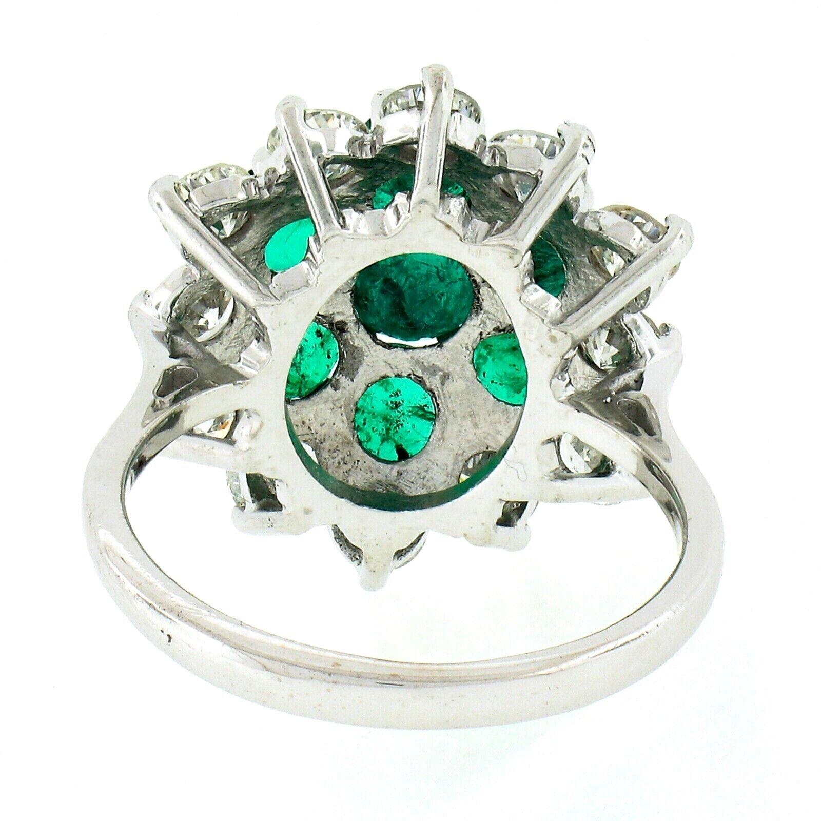 Vintage 18k White Gold 3.75ct Round Diamond Emerald Cluster Flower Cocktail Ring For Sale 1