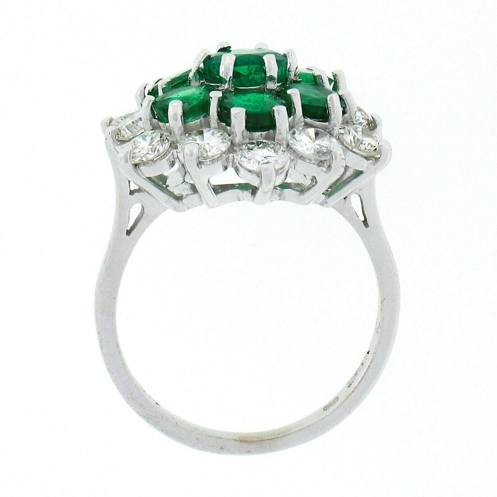 Vintage 18k White Gold 3.75ct Round Diamond Emerald Cluster Flower Cocktail Ring For Sale 2