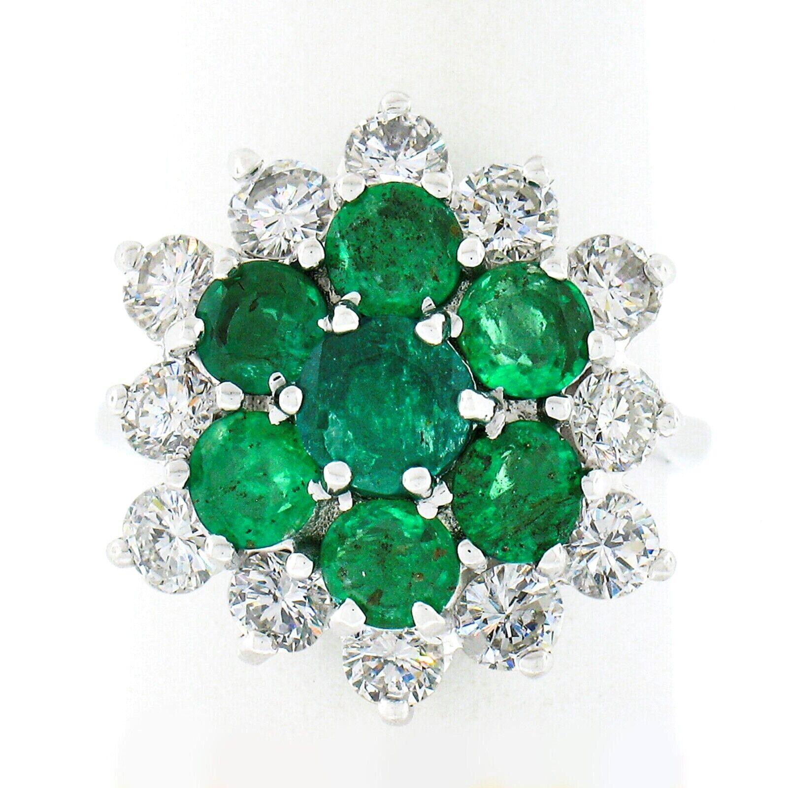 Vintage 18k White Gold 3.75ct Round Diamond Emerald Cluster Flower Cocktail Ring For Sale 3