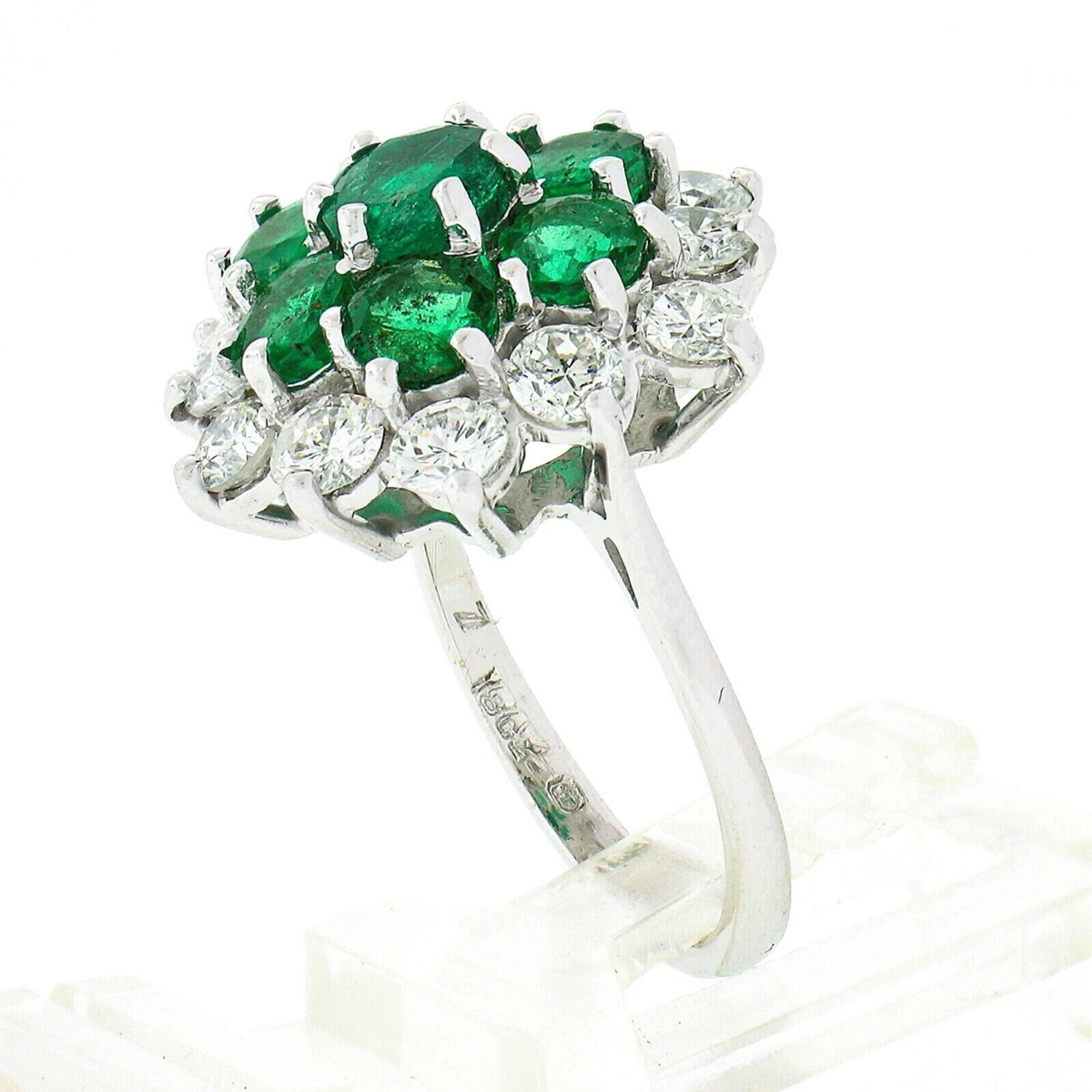 Vintage 18k White Gold 3.75ct Round Diamond Emerald Cluster Flower Cocktail Ring For Sale 4