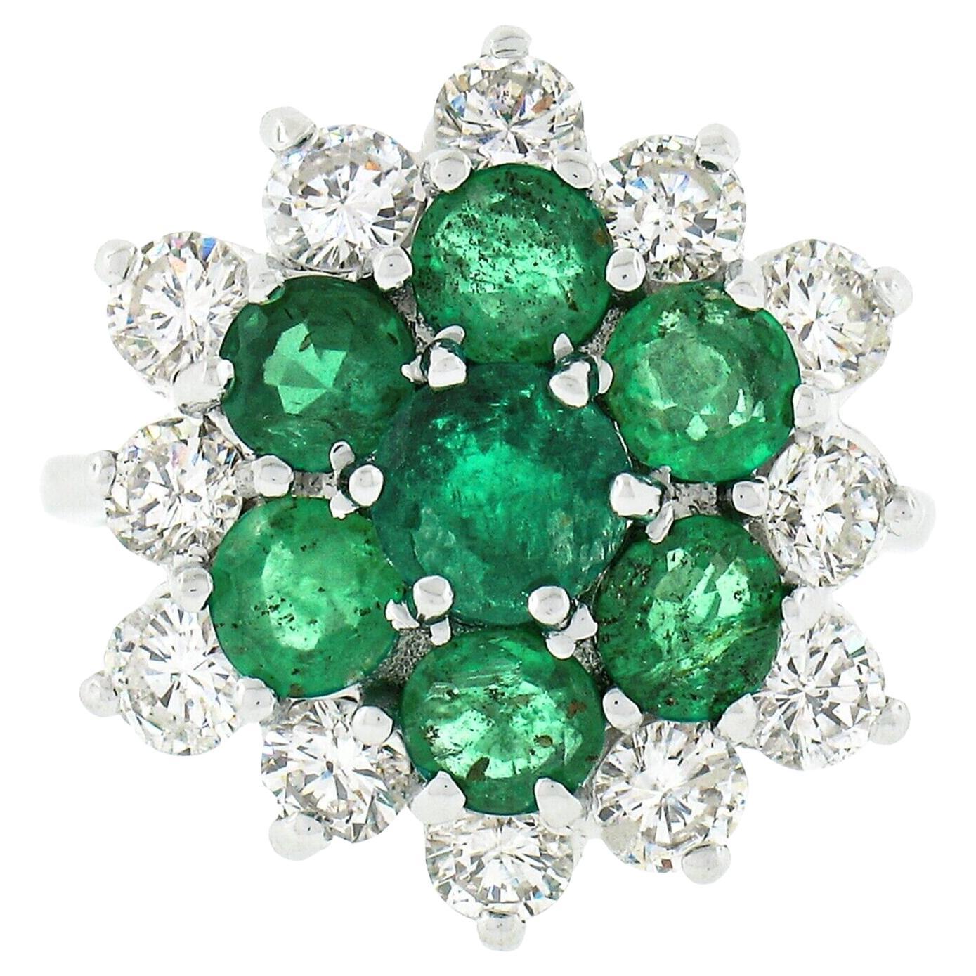 Vintage 18k White Gold 3.75ct Round Diamond Emerald Cluster Flower Cocktail Ring For Sale