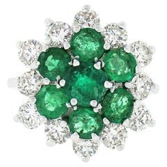 Vintage 18k White Gold 3.75ct Round Diamond Emerald Cluster Flower Cocktail Ring
