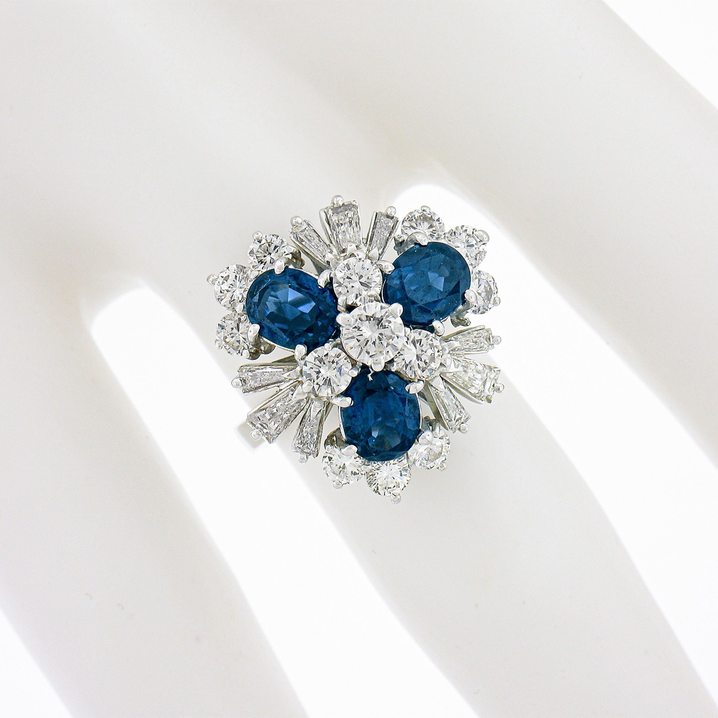 Vintage 18K White Gold 3.75ctw Sapphire & Diamond Floral Statement Cocktail Ring In Good Condition For Sale In Montclair, NJ