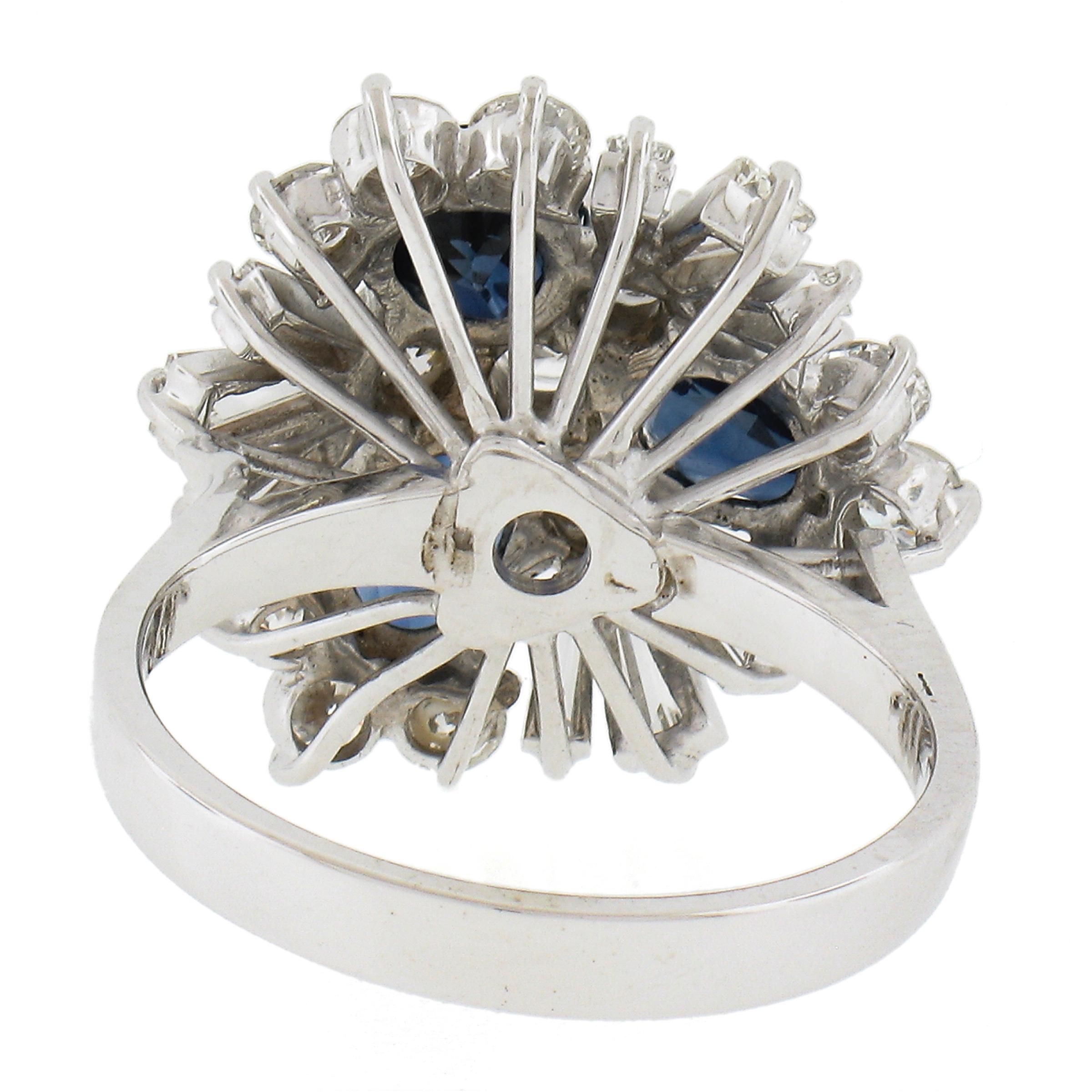 Vintage 18K White Gold 3.75ctw Sapphire & Diamond Floral Statement Cocktail Ring For Sale 2