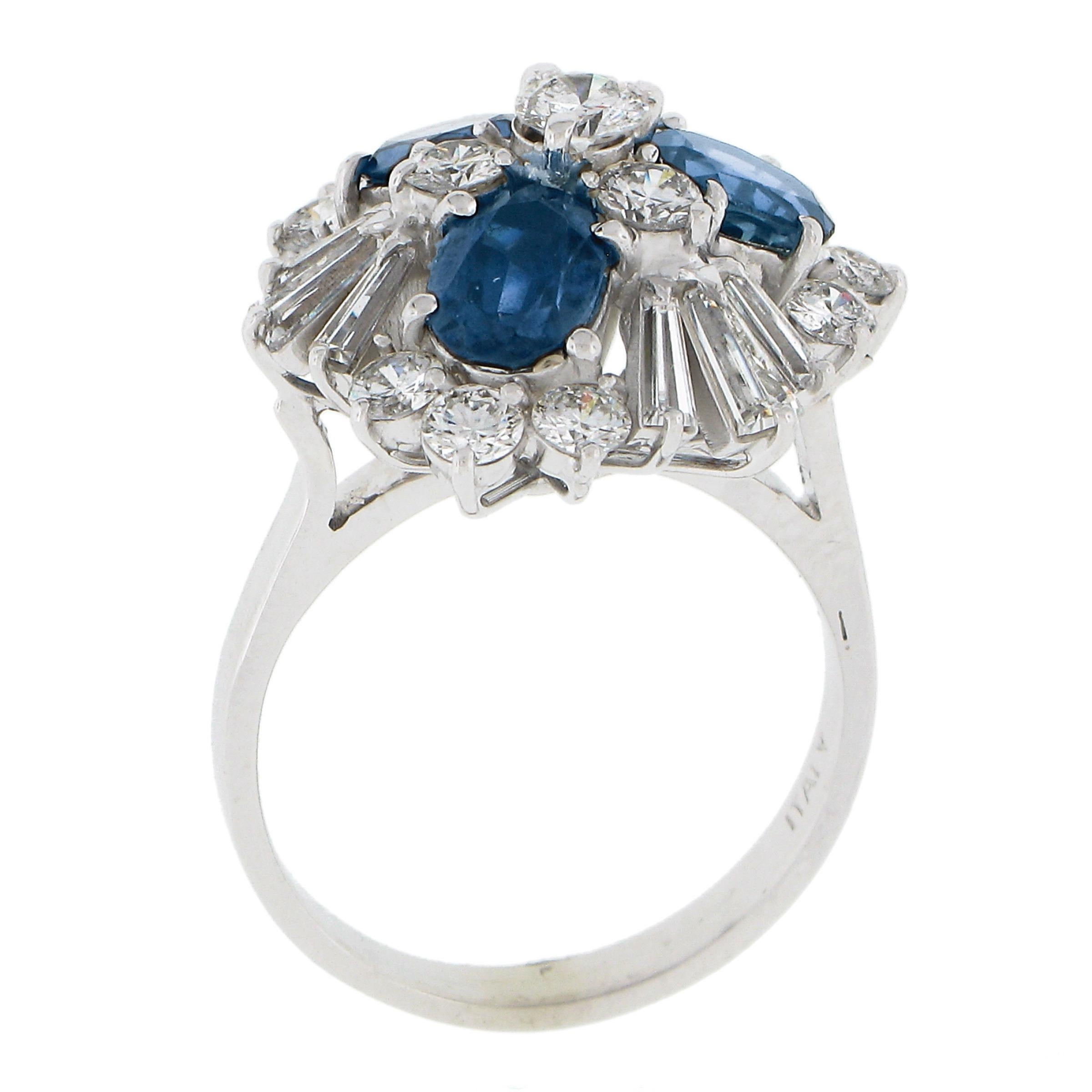 Vintage 18K White Gold 3.75ctw Sapphire & Diamond Floral Statement Cocktail Ring For Sale 3