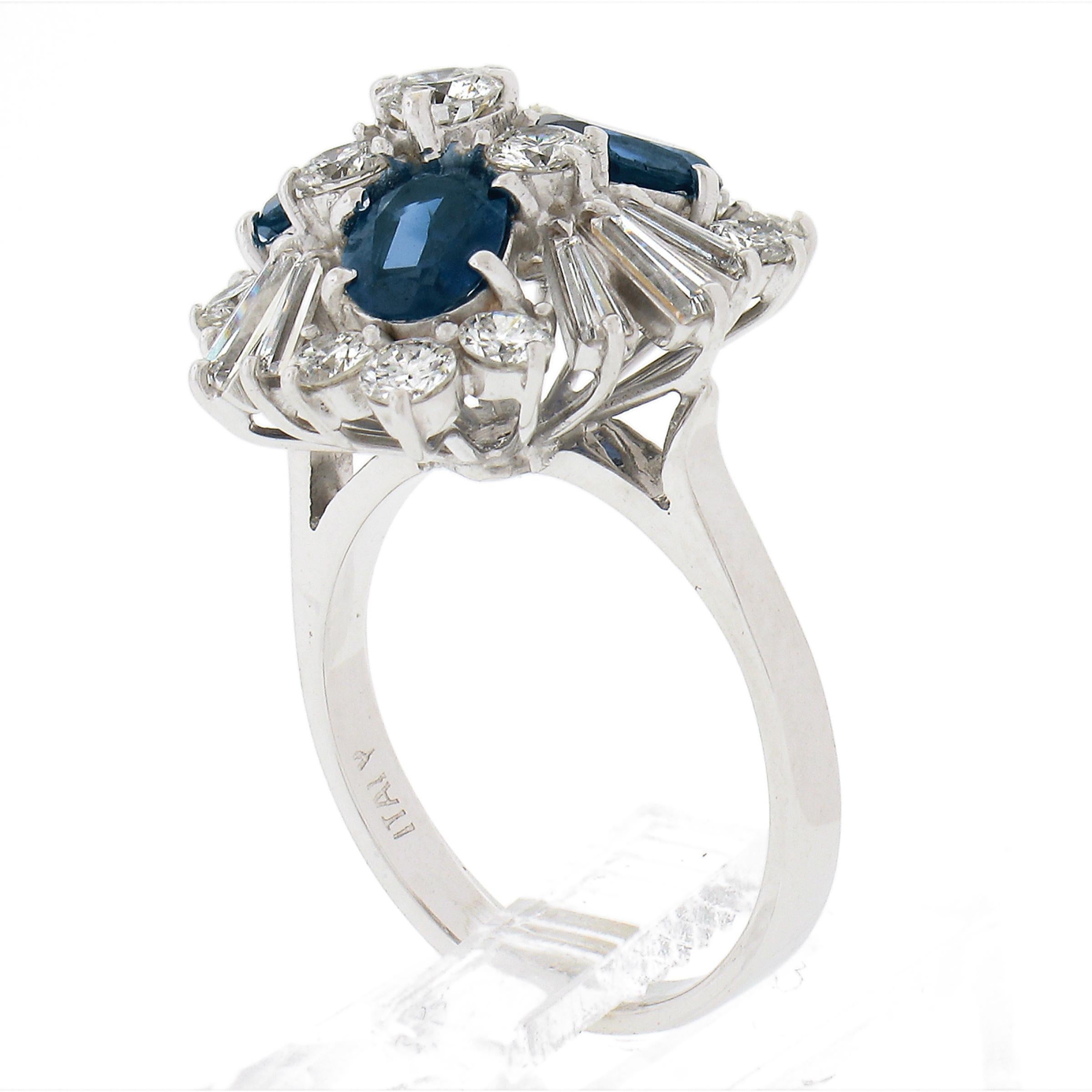 Vintage 18K White Gold 3.75ctw Sapphire & Diamond Floral Statement Cocktail Ring For Sale 4