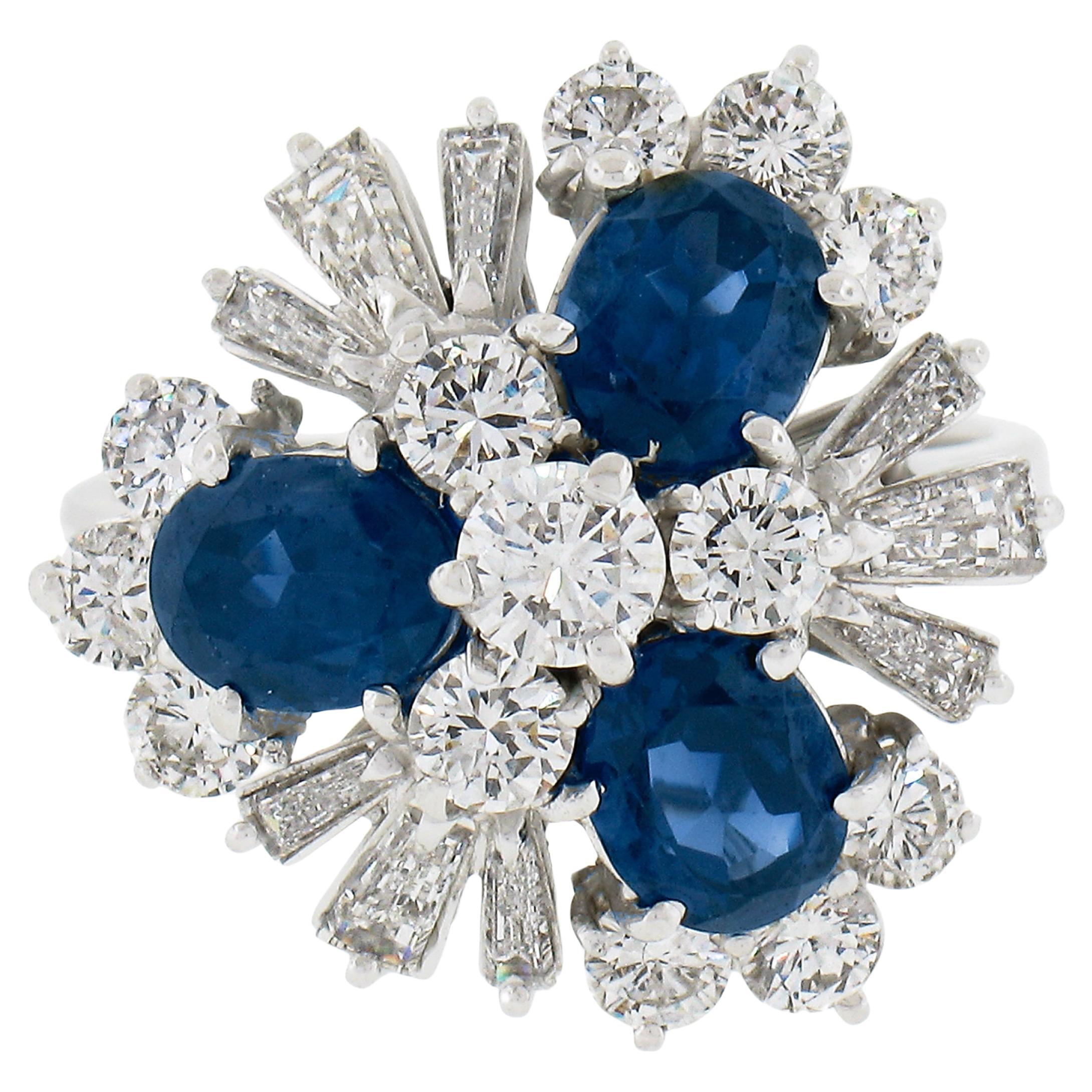 Vintage 18K White Gold 3.75ctw Sapphire & Diamond Floral Statement Cocktail Ring For Sale