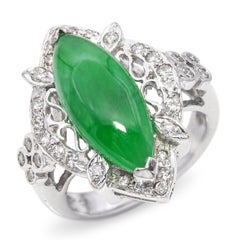 Vintage 18k White Gold 4.90ct GIA Type A Green Jadeite and Diamond Ring