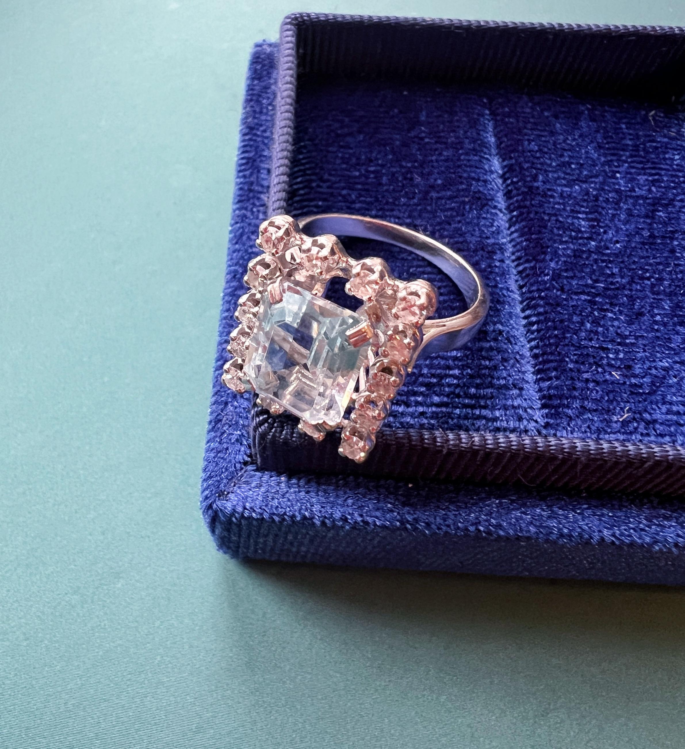 Emerald Cut Vintage 18k White Gold 4cts Aquamarine Diamond Cocktail Ring