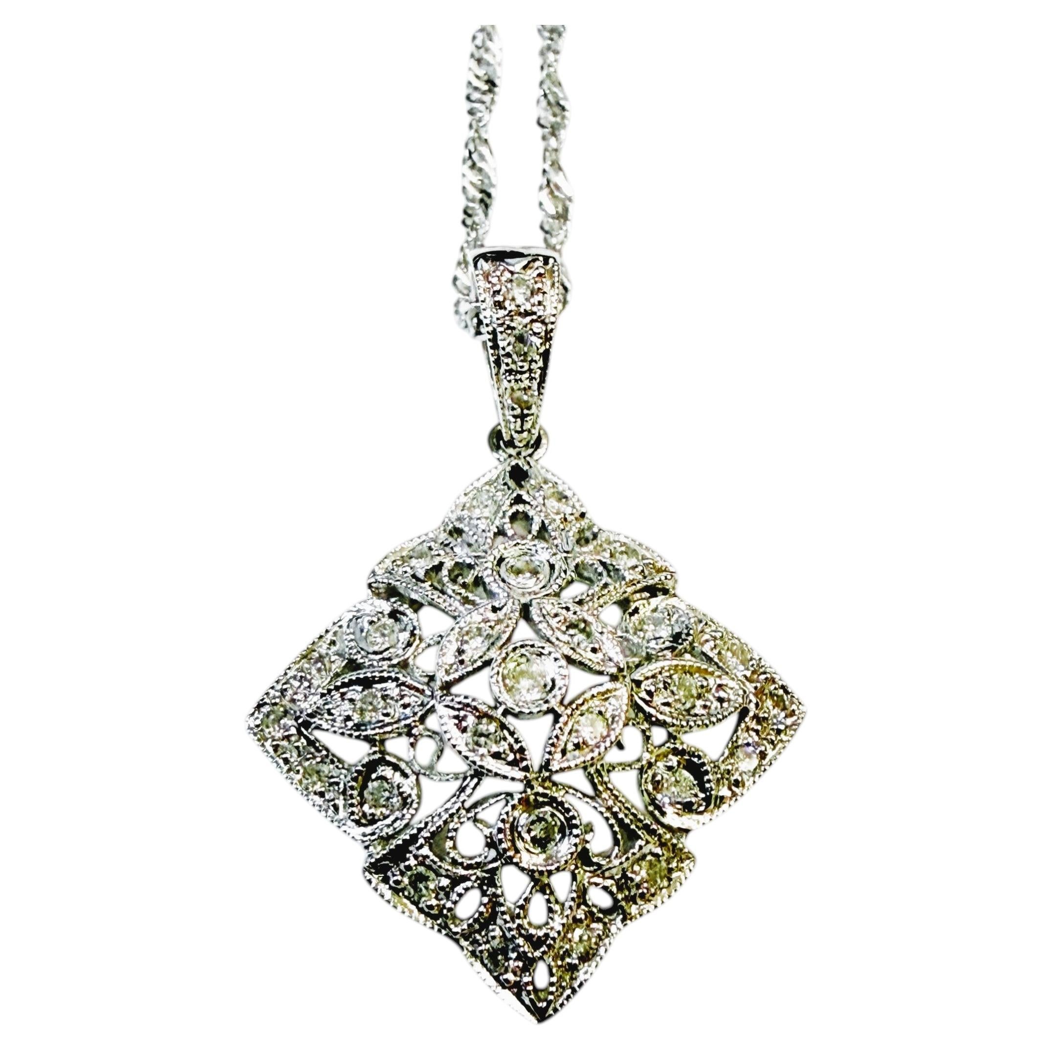 Vintage 18k White Gold & .5 Carat Diamond Openwork Pendant Necklace 18 Inches For Sale