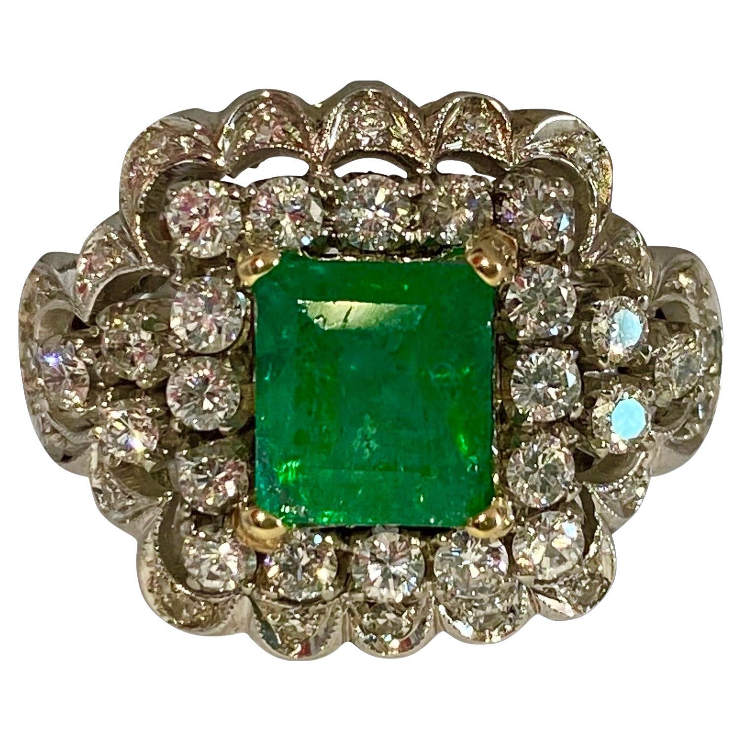 Vintage 18K White Gold, 5.05ct Diamond & Emerald Ring