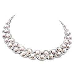 Vintage 18K White Gold 6.0-6.5 MM Pearl Collar Necklace With 12 Carat Diamond