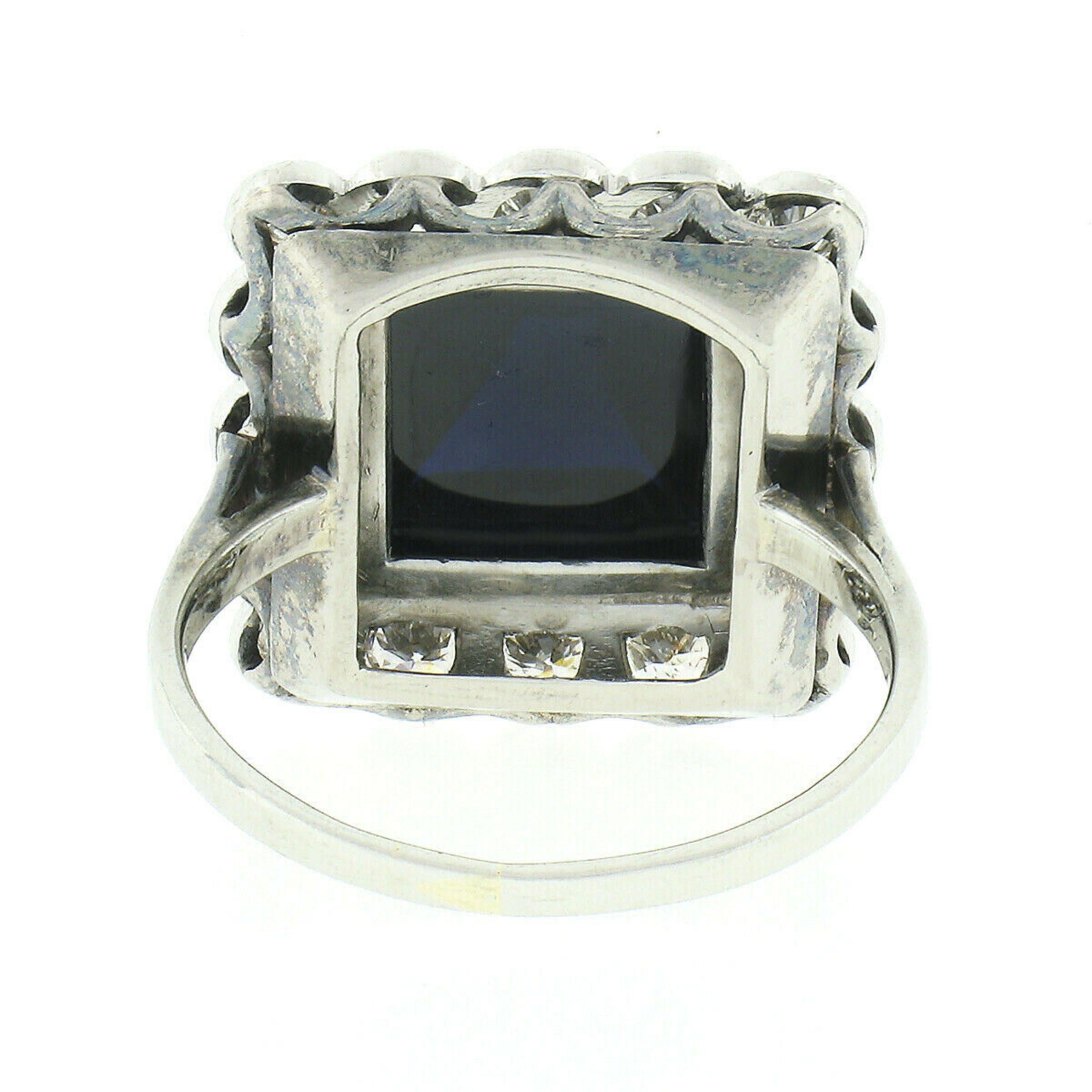 Vintage 18k White Gold 6.63ct GIA No Heat Sugarloaf Sapphire & Diamond Halo Ring For Sale 4
