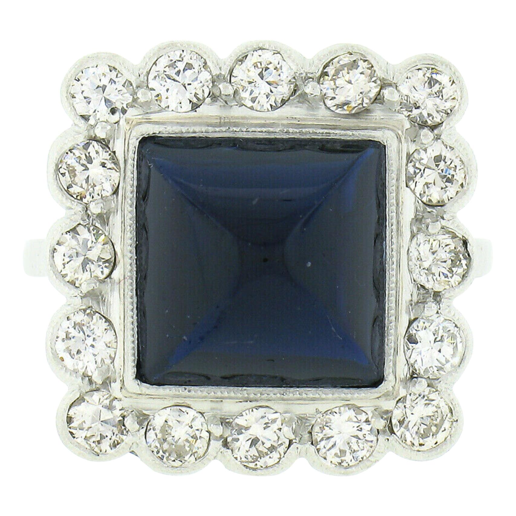 Vintage 18k White Gold 6.63ct GIA No Heat Sugarloaf Sapphire & Diamond Halo Ring For Sale