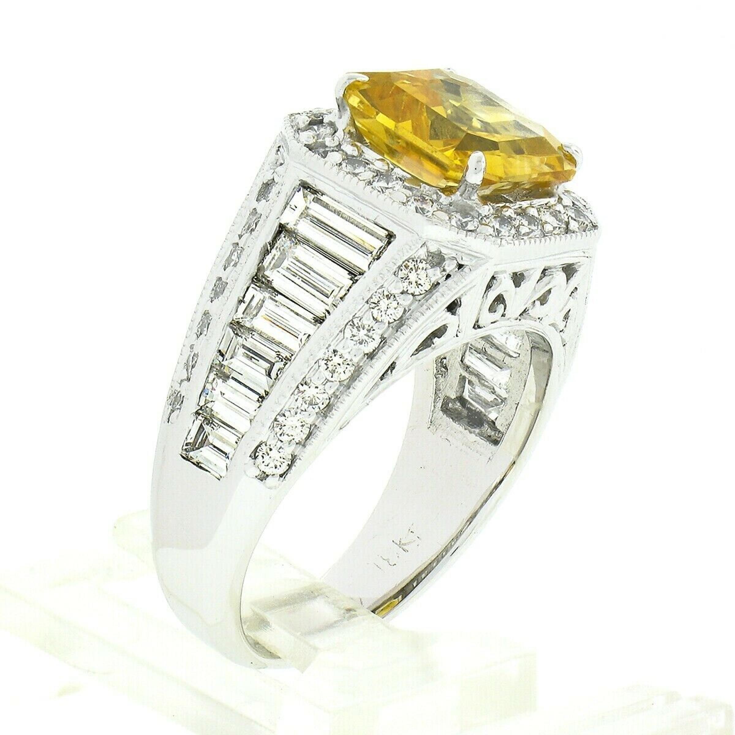 Vintage 18K White Gold 6.95ct GIA Orangy Yellow Sapphire & Diamond Cocktail Ring For Sale 5