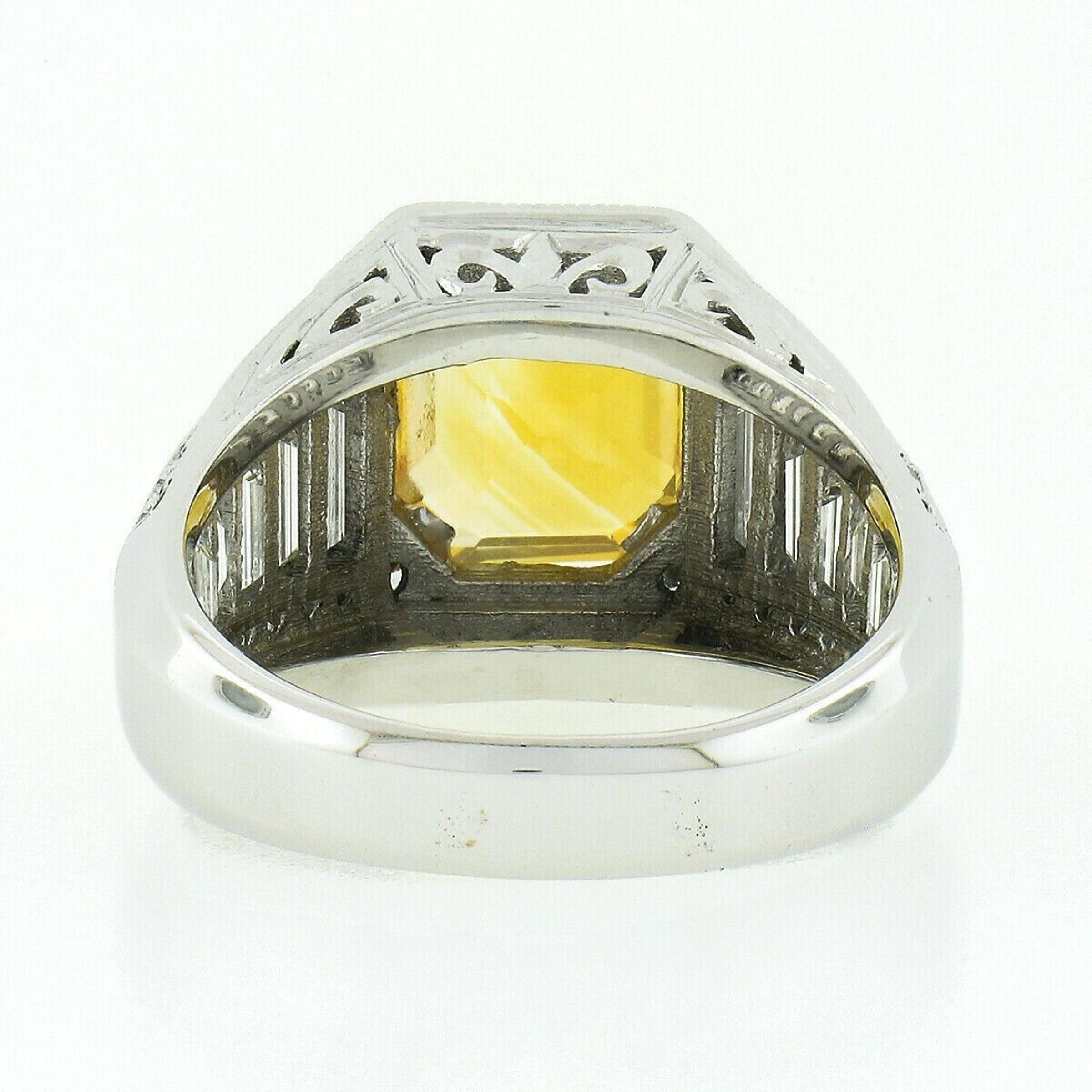 Emerald Cut Vintage 18K White Gold 6.95ct GIA Orangy Yellow Sapphire & Diamond Cocktail Ring For Sale