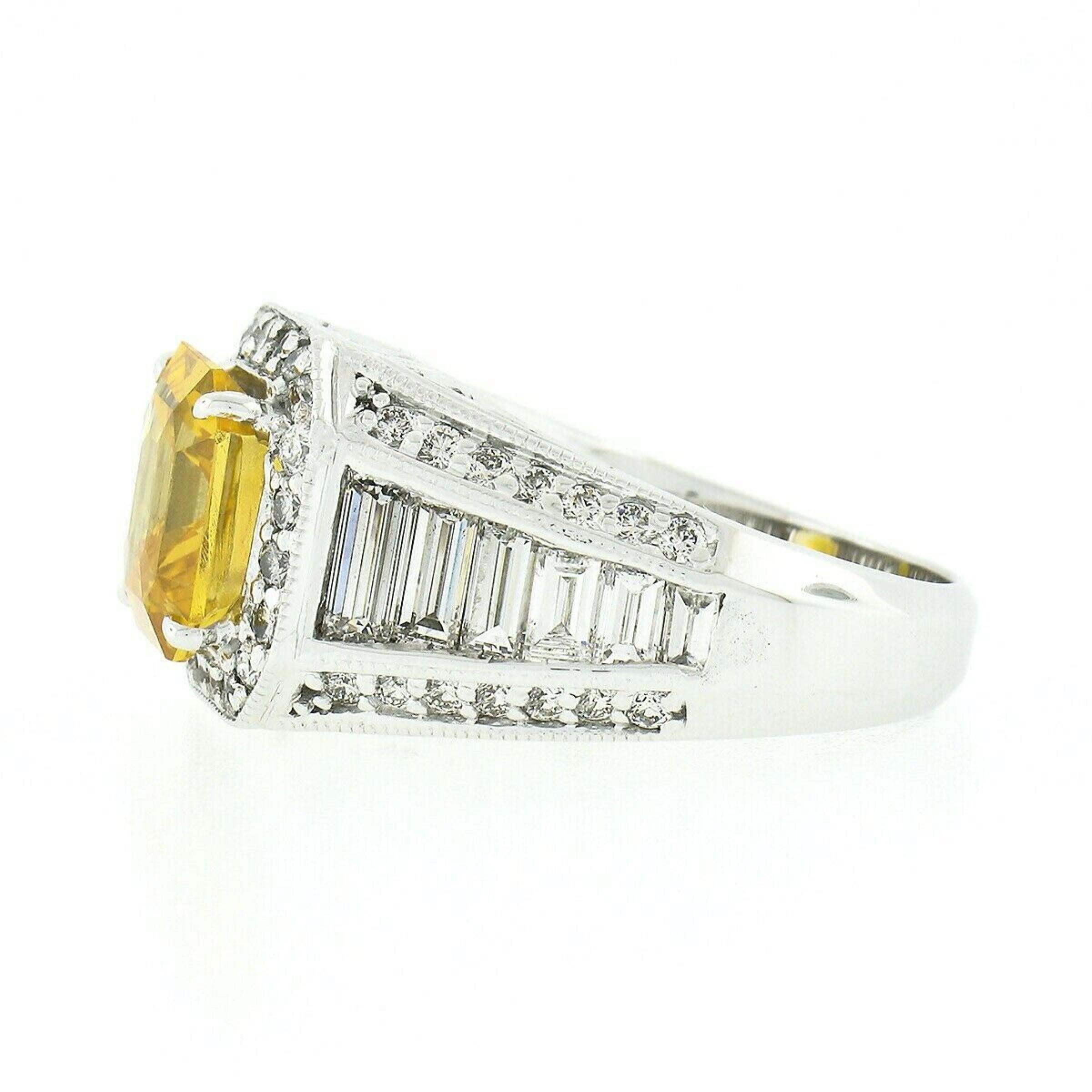 Vintage 18K White Gold 6.95ct GIA Orangy Yellow Sapphire & Diamond Cocktail Ring In Excellent Condition For Sale In Montclair, NJ