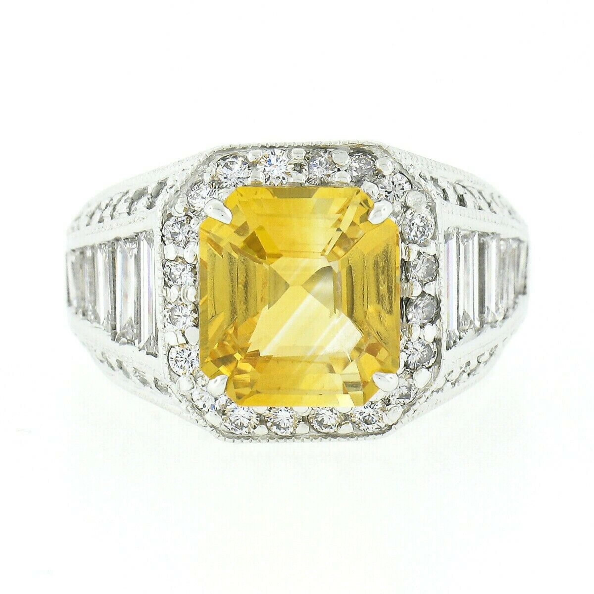 Vintage 18K White Gold 6.95ct GIA Orangy Yellow Sapphire & Diamond Cocktail Ring For Sale 1