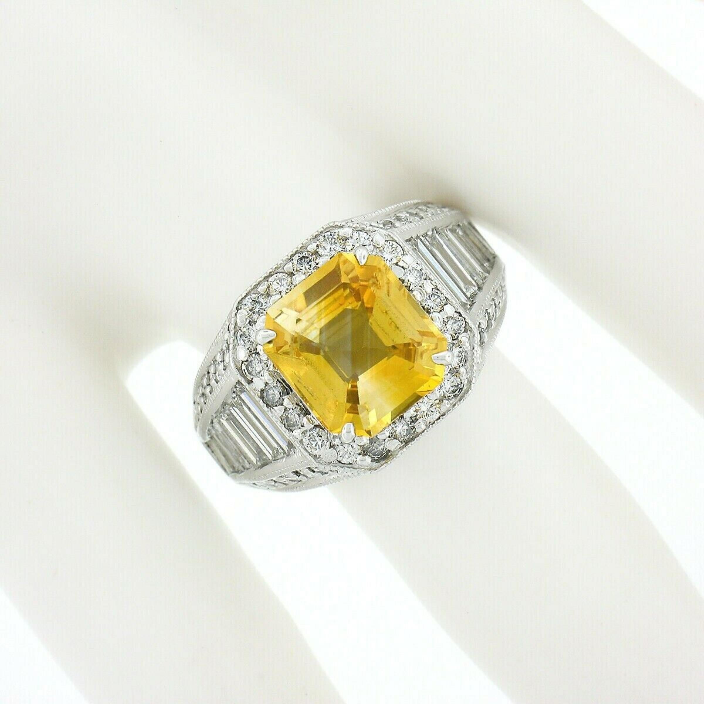 Vintage 18K White Gold 6.95ct GIA Orangy Yellow Sapphire & Diamond Cocktail Ring For Sale 2