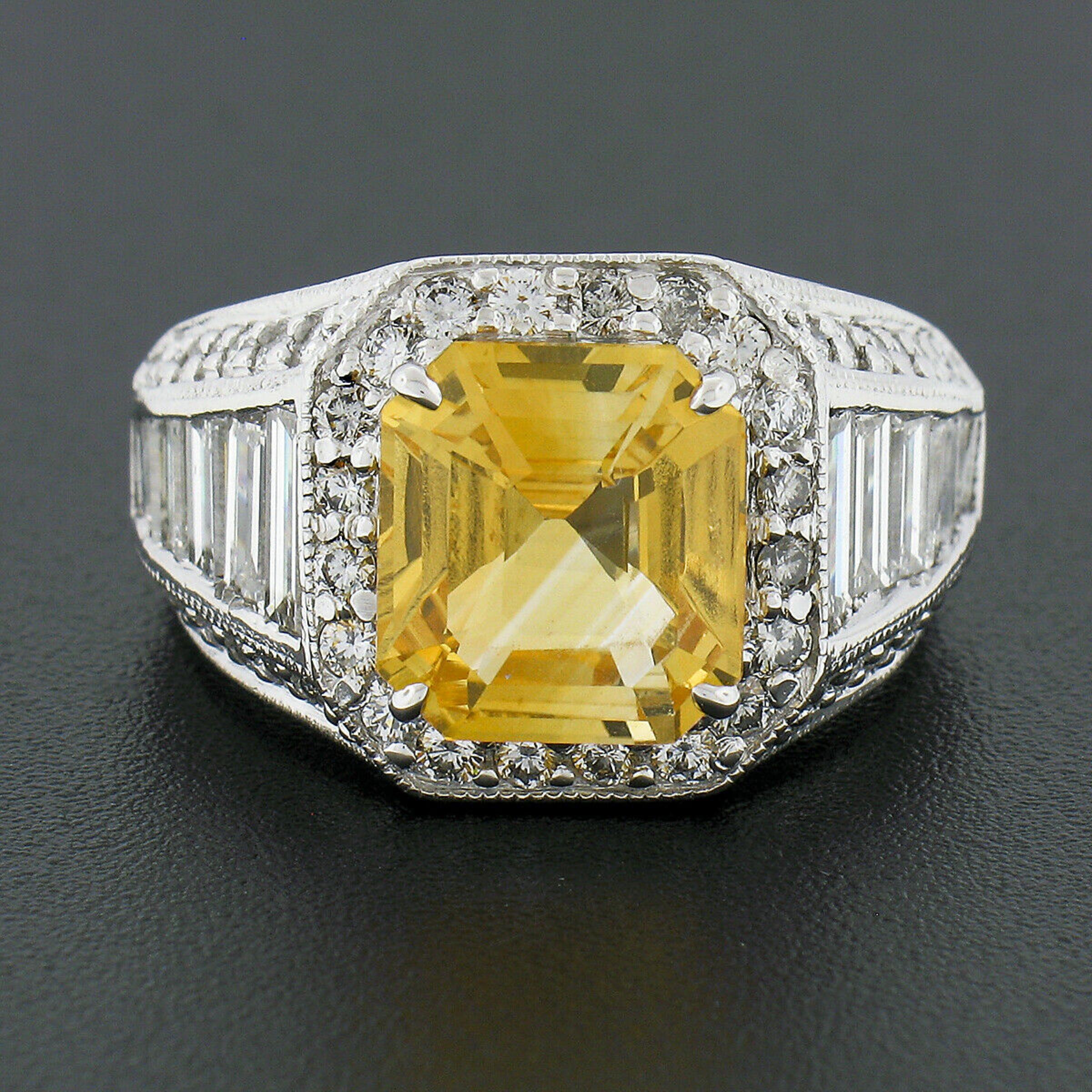 Vintage 18K White Gold 6.95ct GIA Orangy Yellow Sapphire & Diamond Cocktail Ring For Sale 3