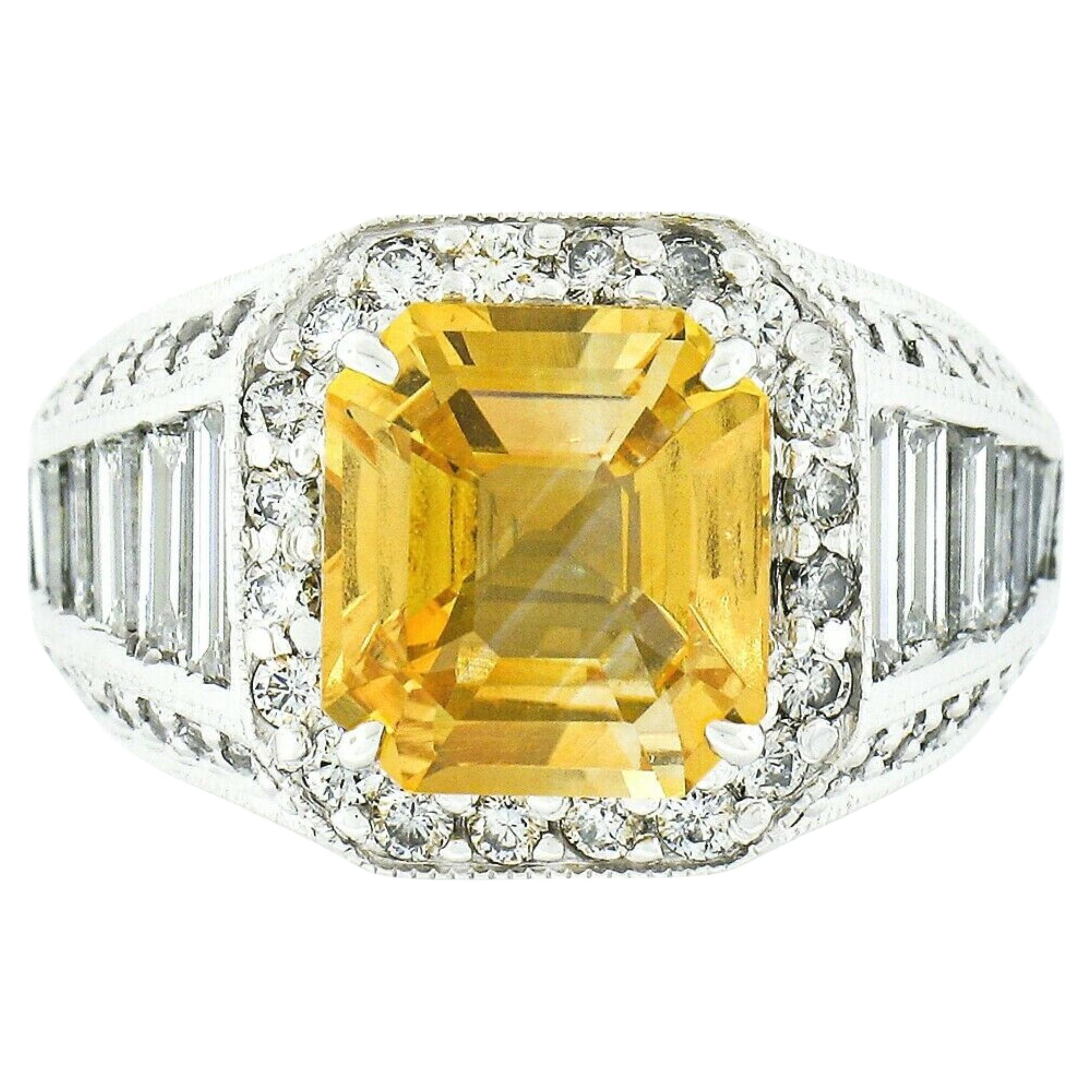 Vintage 18K White Gold 6.95ct GIA Orangy Yellow Sapphire & Diamond Cocktail Ring For Sale
