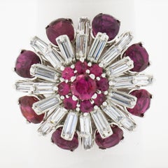 Vintage 18K White Gold 7ctw Ruby & Baguette Diamond Tiered Cluster Cocktail Ring