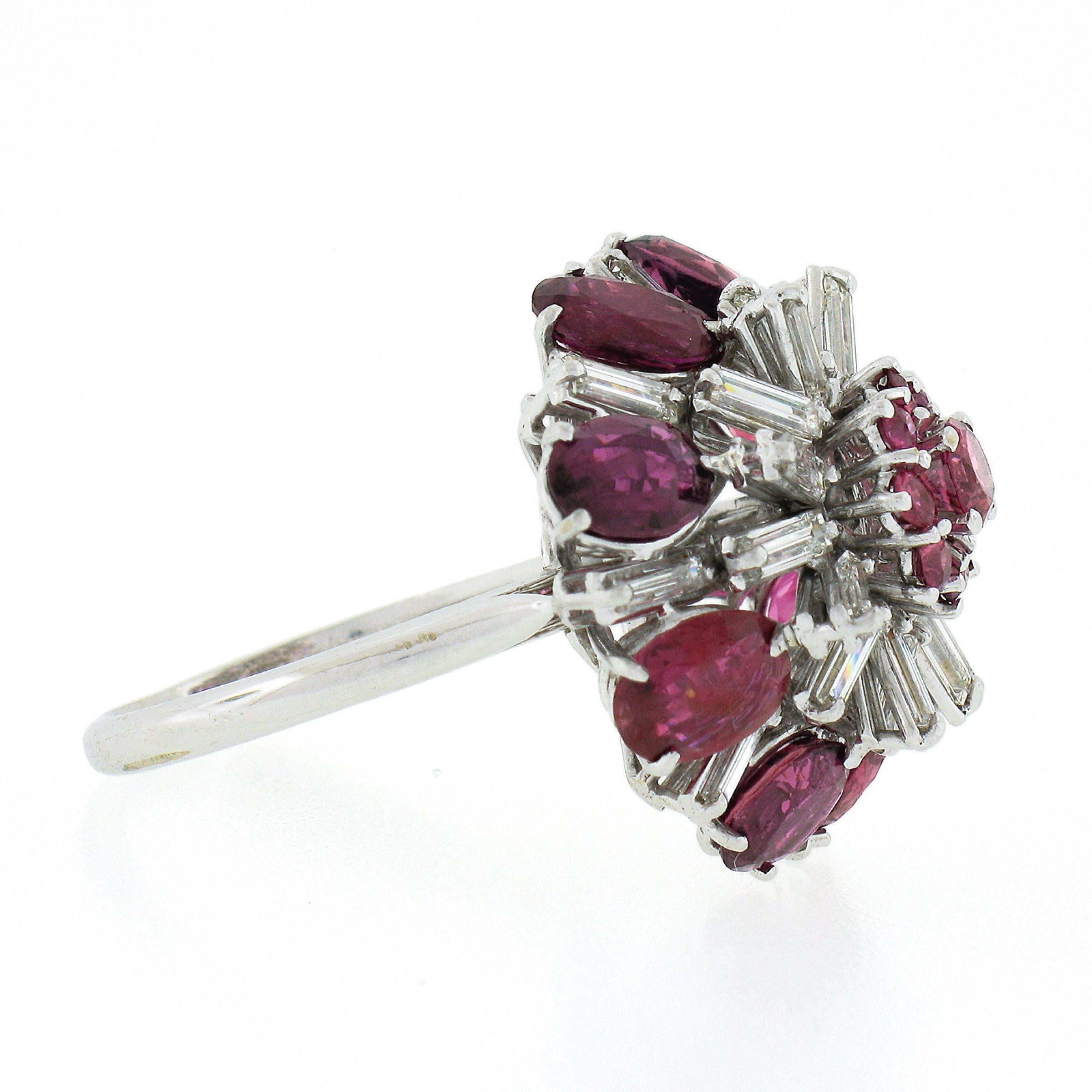 Vintage 18K White Gold 7ctw Ruby & Baguette Diamond Tiered Cluster Cocktail Ring In Excellent Condition For Sale In Montclair, NJ