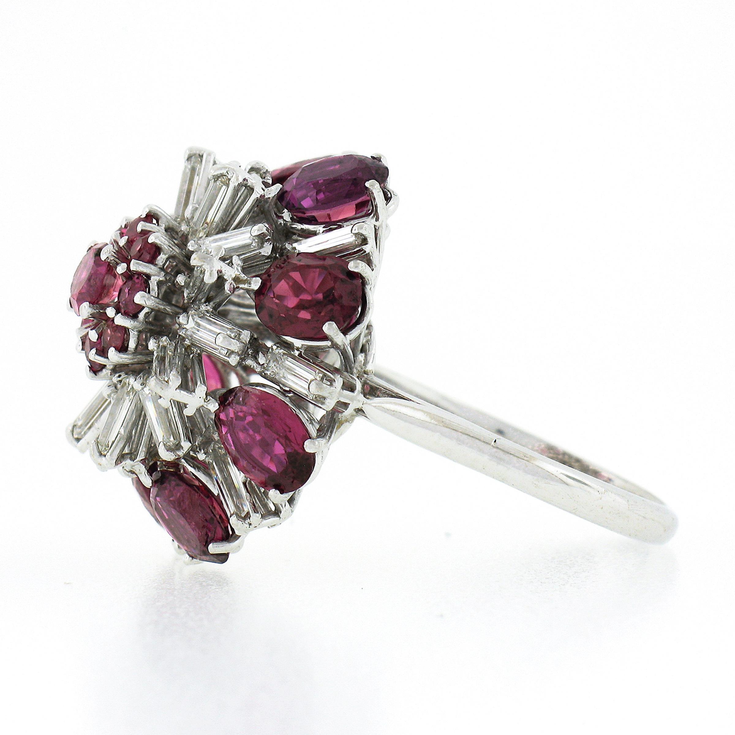 Women's Vintage 18K White Gold 7ctw Ruby & Baguette Diamond Tiered Cluster Cocktail Ring For Sale