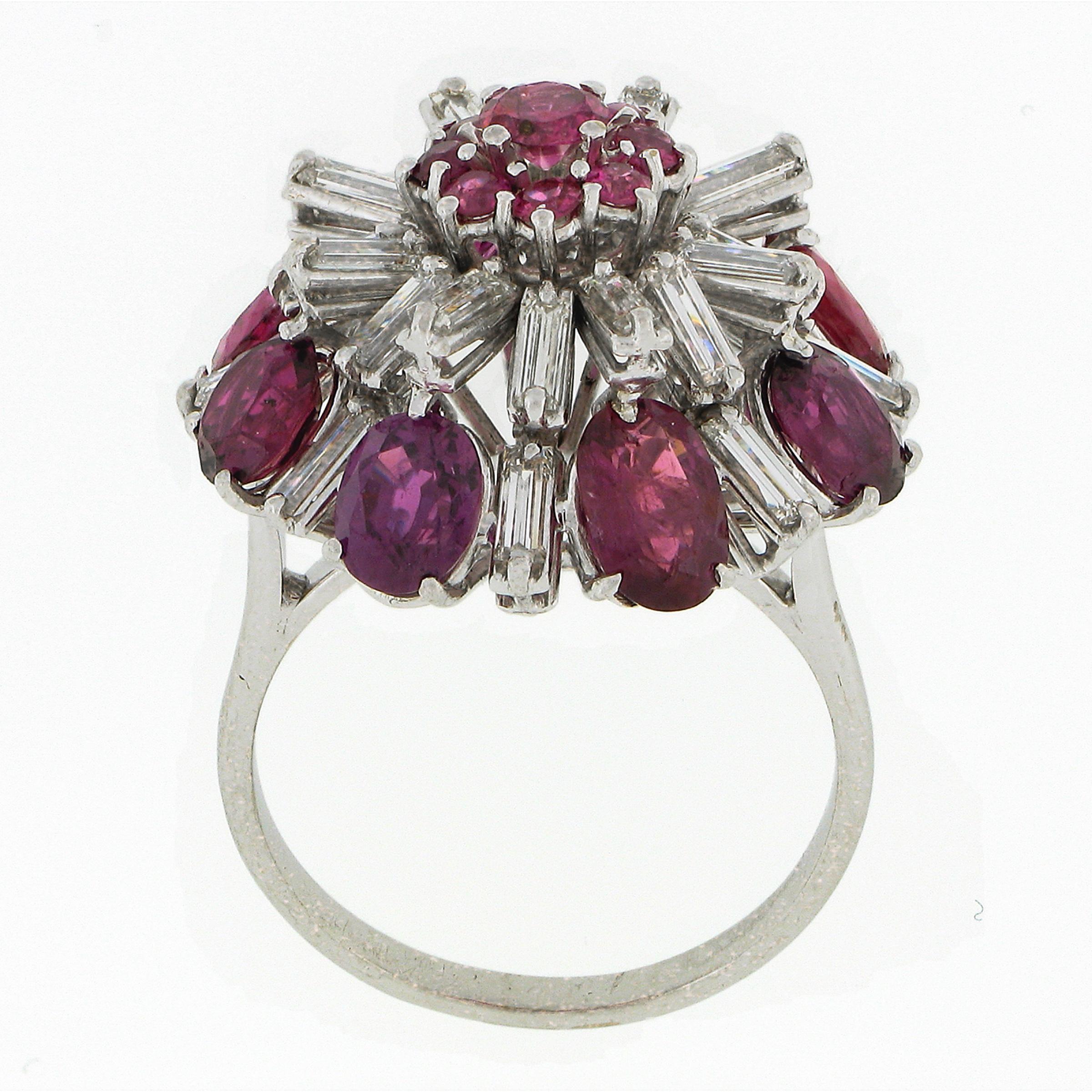Vintage 18K White Gold 7ctw Ruby & Baguette Diamond Tiered Cluster Cocktail Ring For Sale 1