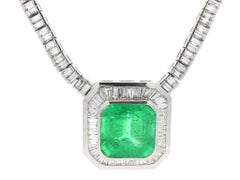 Vintage 18k White Gold AGL Colombian Emerald Baguette Diamond 26.92ctw Necklace