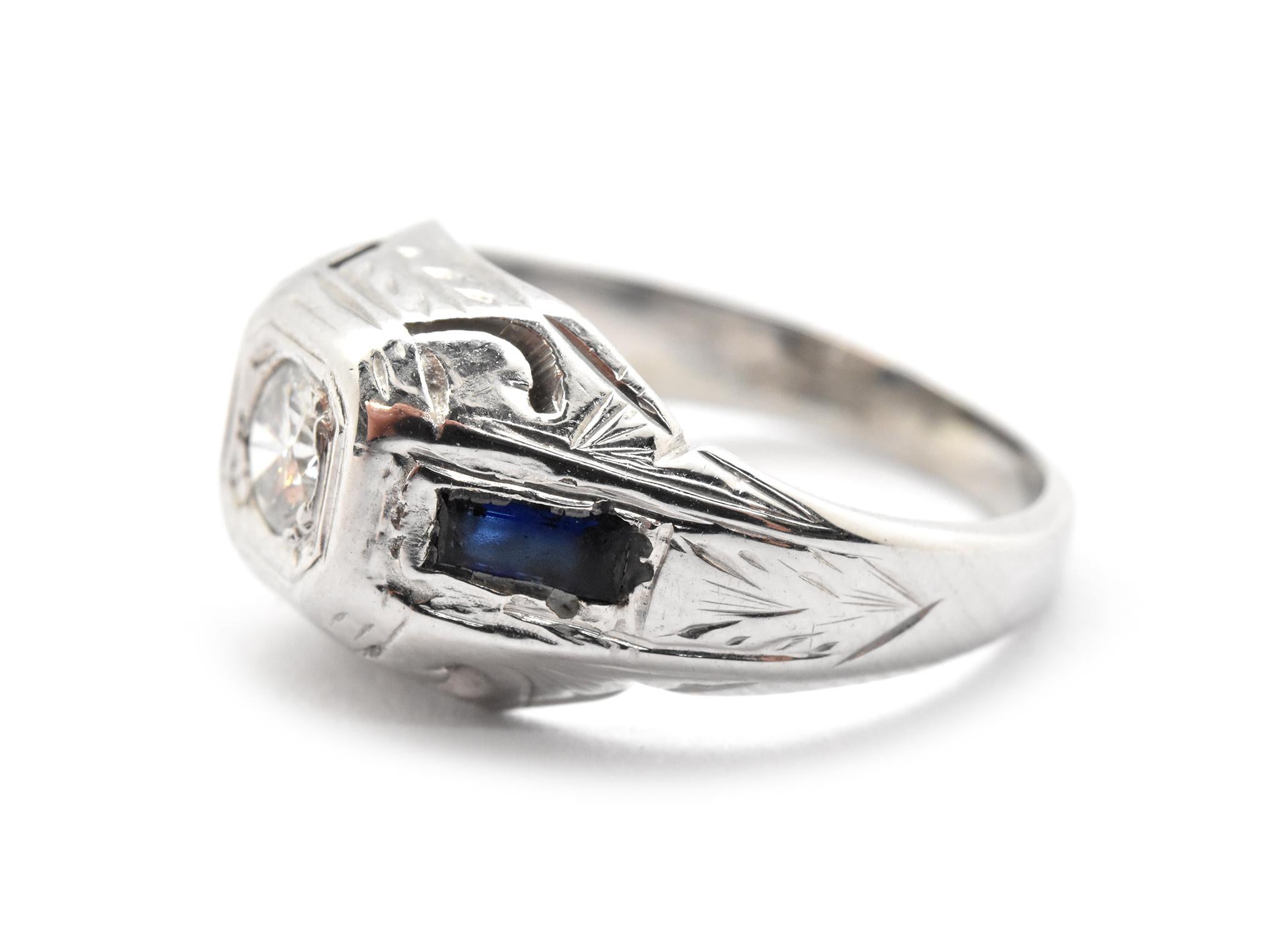 Modern Vintage 18k White Gold and 0.12ct Round Brilliant Diamond and Sapphire Ring Size For Sale