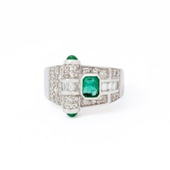 Vintage 18k White Gold and 0.75 Carat Colombian Emerald and 0.95 Carats Diamonds