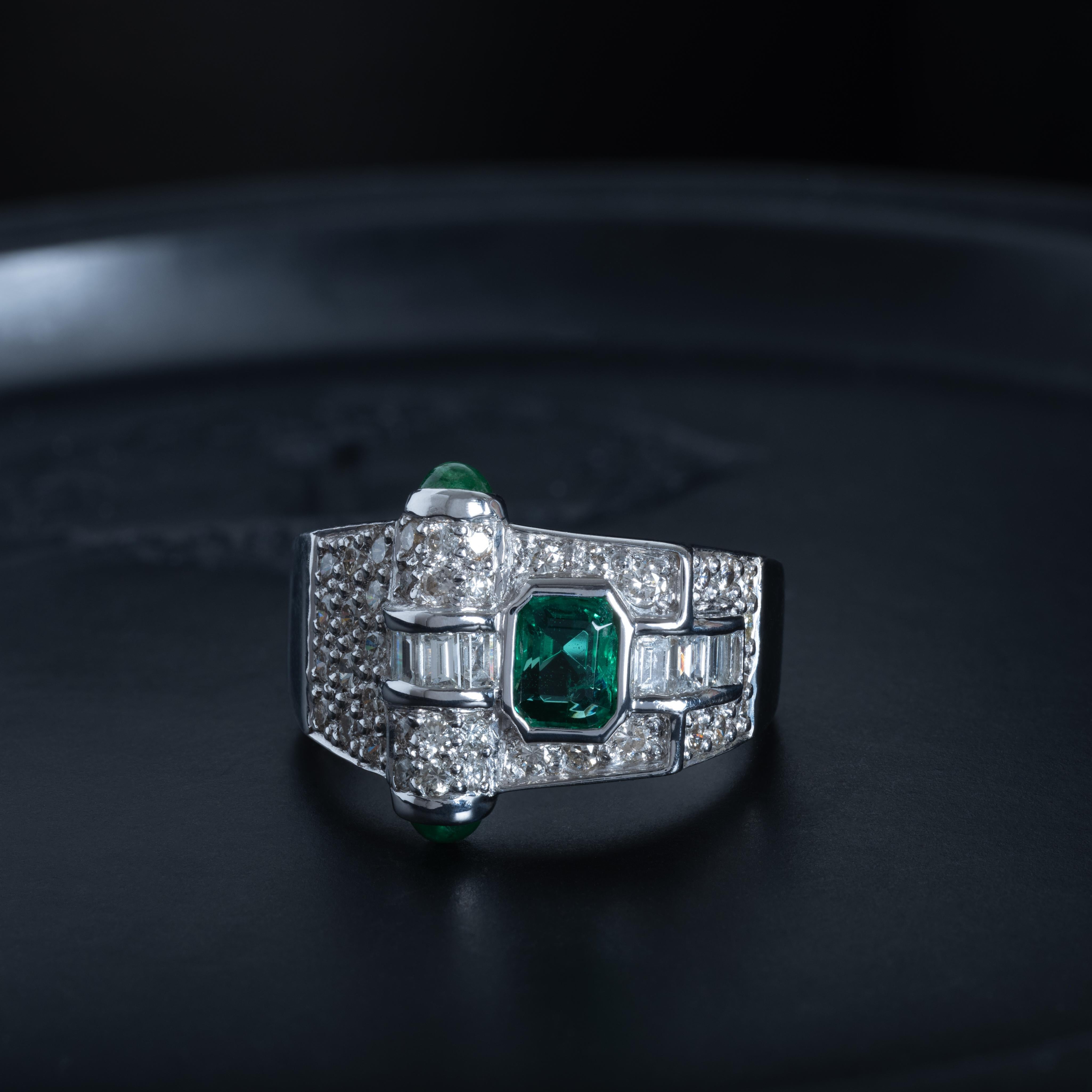 Or blanc 18 carats, émeraude colombienne de 0,75 carat et diamants de 0,95 carat en vente 2