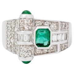 Vintage 18k White Gold and 0.75 Carat Colombian Emerald and 0.95 Carats Diamonds