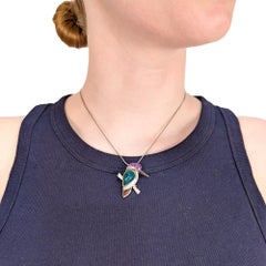 Vintage 18K White Gold and Multi-Gemstone Figural Kingfisher Bird Brooch/Pendant