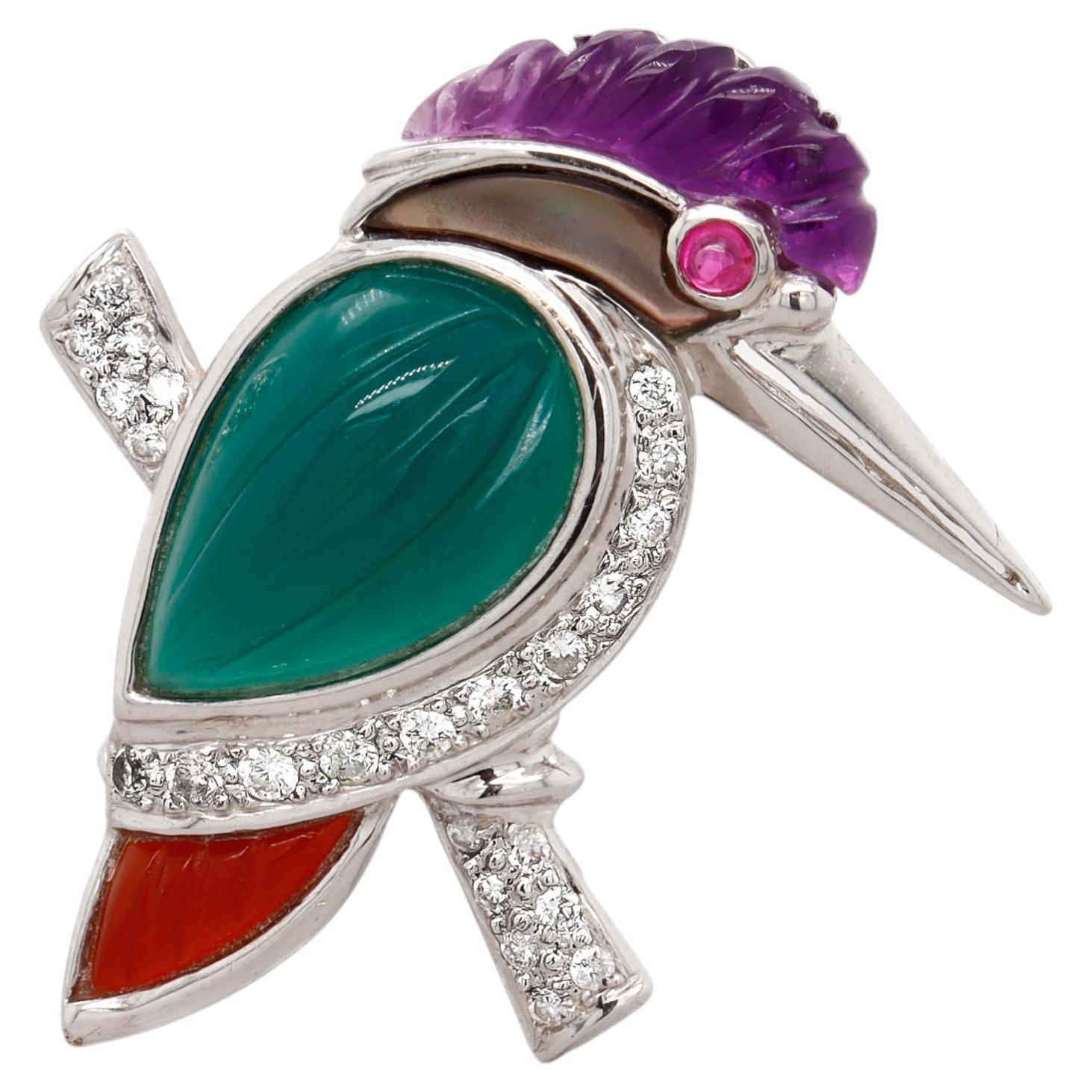 Vintage 18K White Gold and Multi-Gemstone Figural Kingfisher Bird Brooch/Pendant For Sale