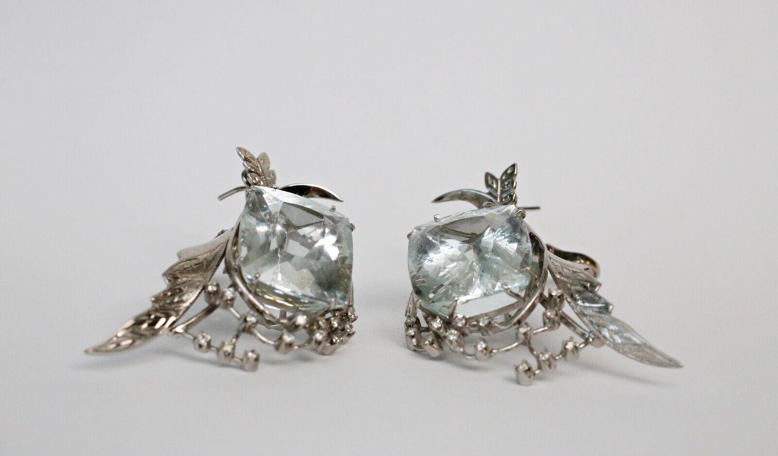 Pendientes vintage de aguamarina y diamantes de oro blanco de 18k, 35,4 g Corte cojín en venta