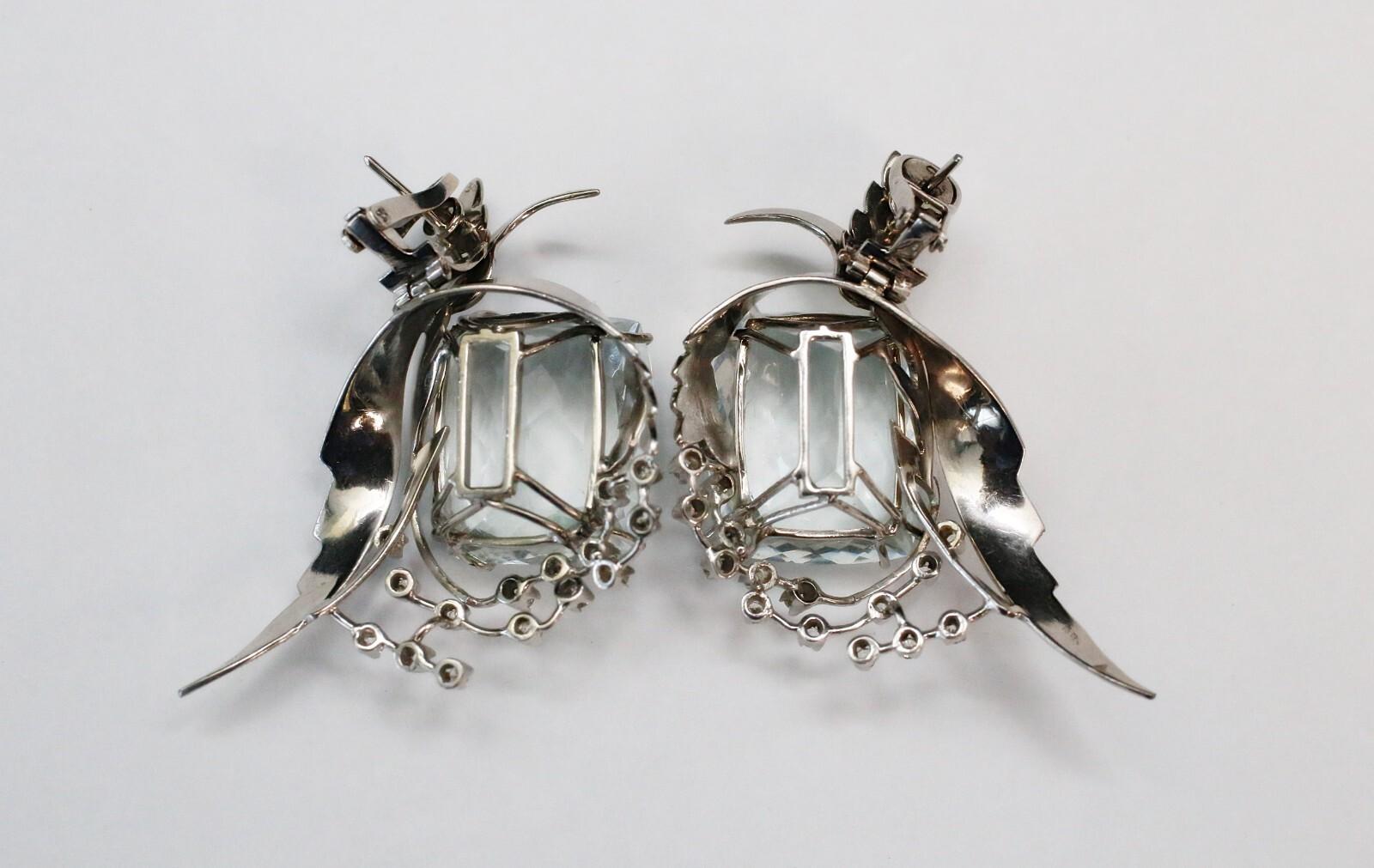 Pendientes vintage de aguamarina y diamantes de oro blanco de 18k, 35,4 g en Bueno estado para la venta en Providence, RI