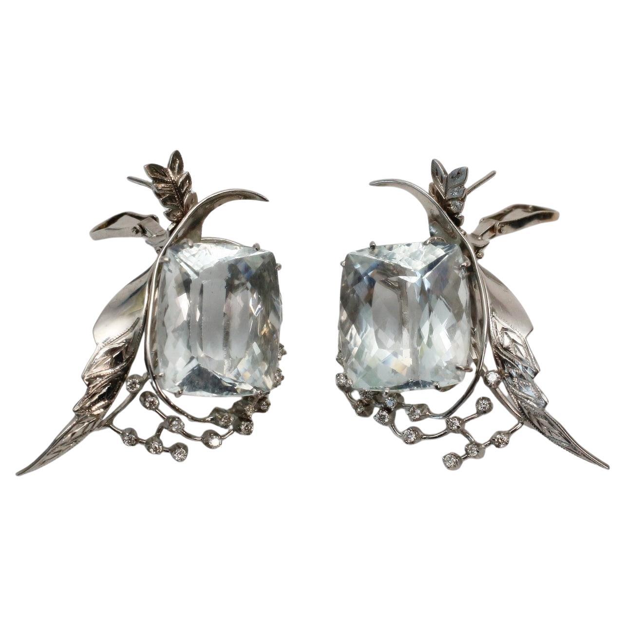 Vintage 18k White Gold Aquamarine & Diamond Earrings, 35.4g