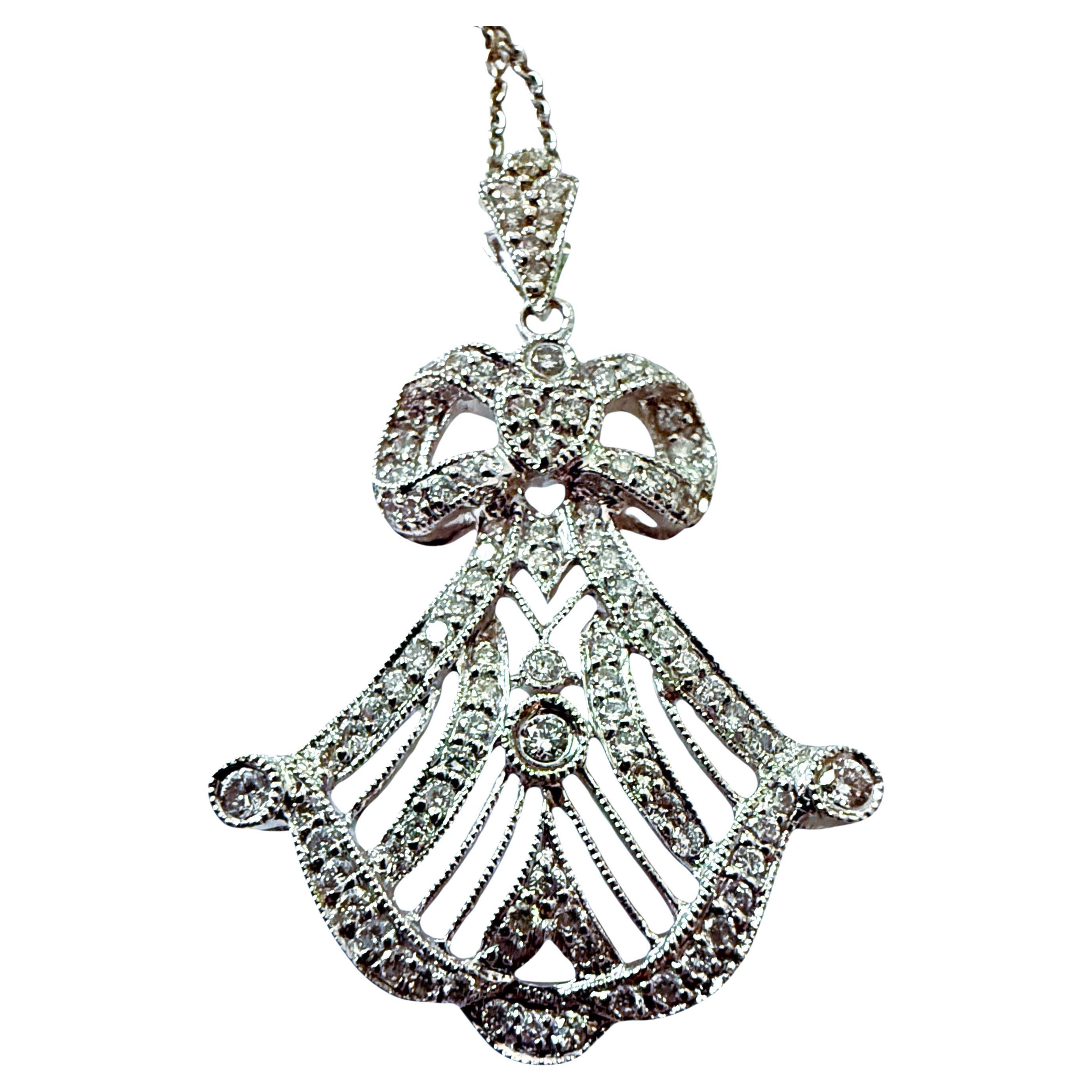 Vintage 18k White Gold Art Deco .5 Carat Diamond Pendant w Italian 18k 18" Chain