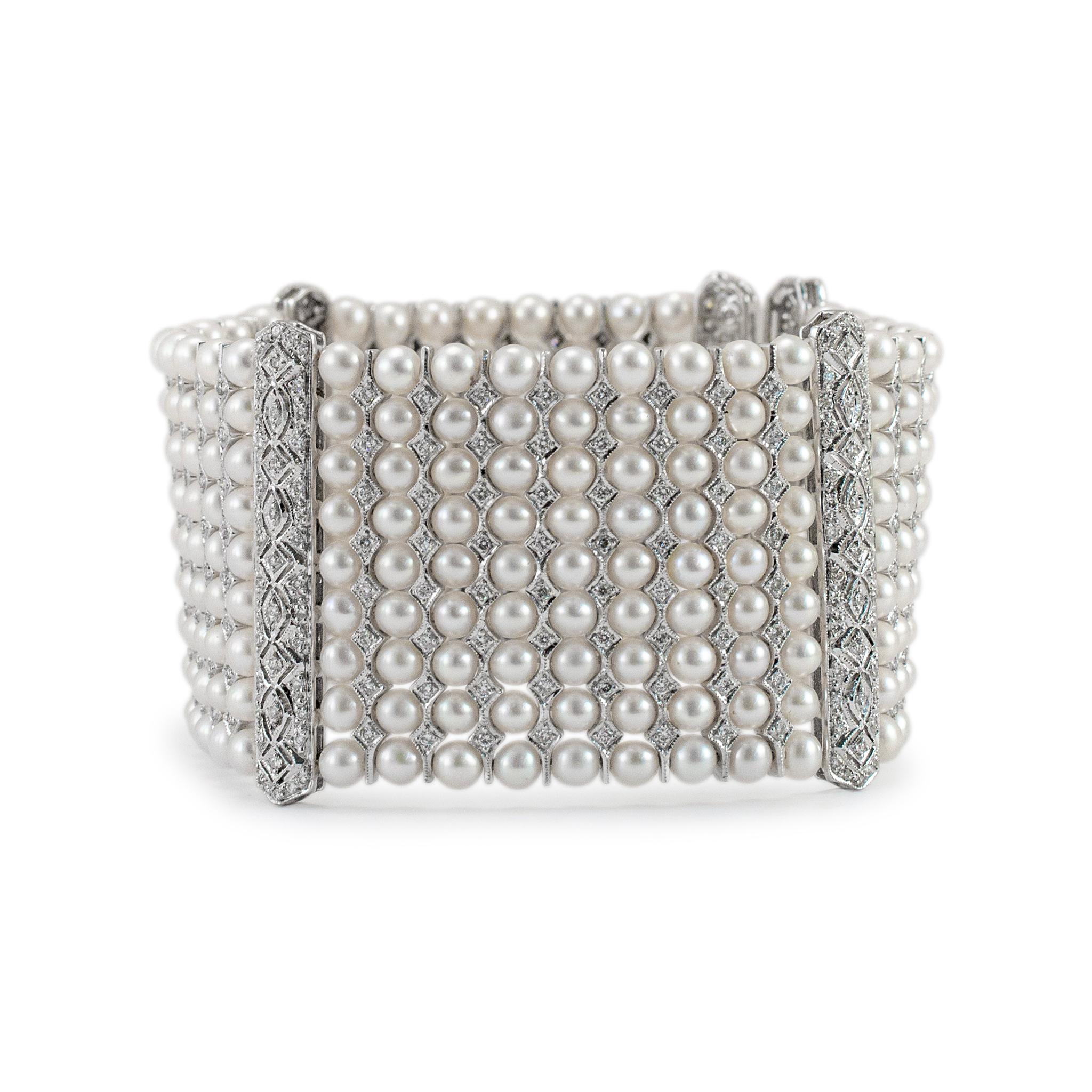 Bracelet vintage de style Art déco à neuf rangées de perles et diamants en or blanc 18 carats Excellent état - En vente à Houston, TX